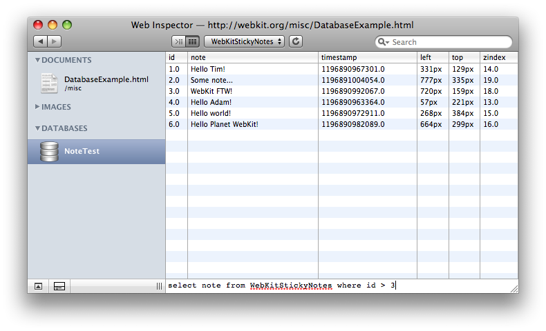 Web Inspector's Database Browser