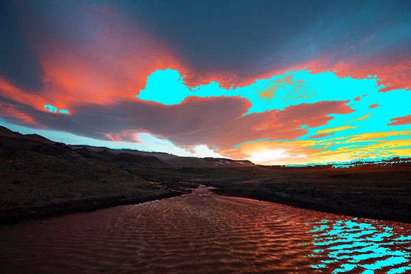 A river in Iceland with a sunset showing which parts are outside of the sRGB gamut
