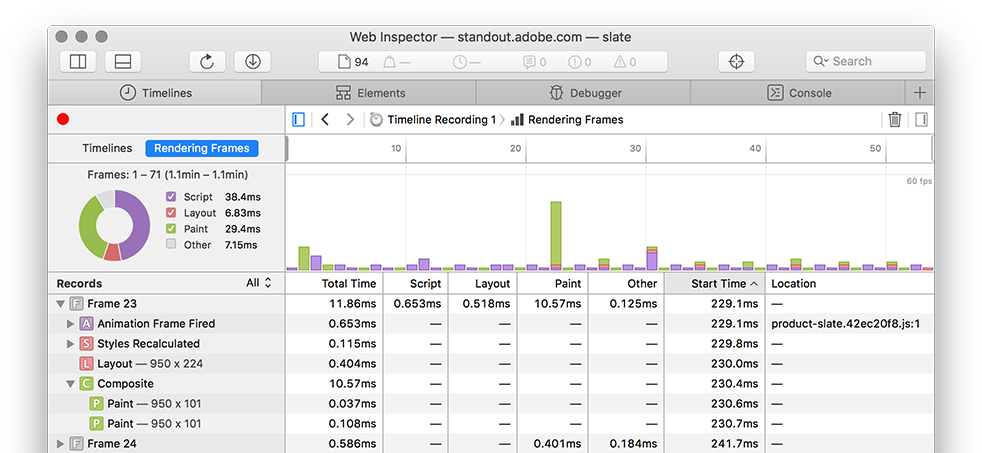 Web Inspector Rendering Frames Timeline