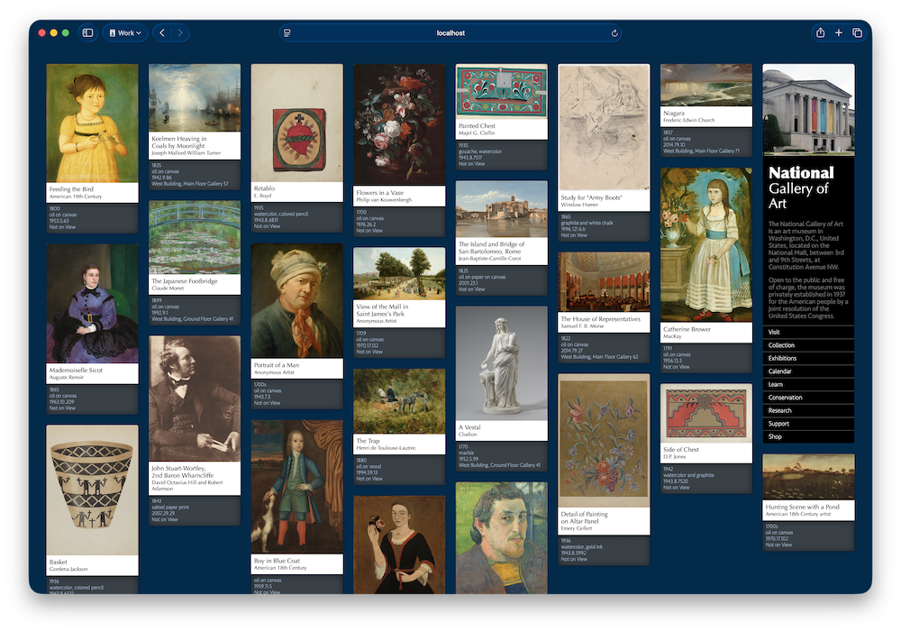 Layout of artwork with titles and other data about each painting