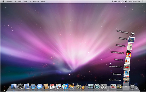 Screenshot of the Leopard desktop with a Stack open as a fan on the lower left.