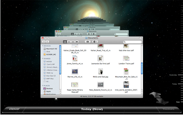 Screenshot of Time machine; a stack of Finder windows recedes into the horizon.