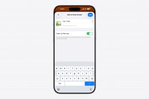 iPhone in the process of adding a website to the Home Screen. The UI shows the site icon, editable name, and a toggle turned on to "Open as Web App".