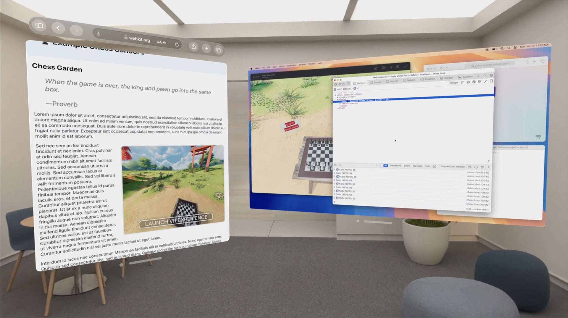 A view from inside Apple Vision Pro where two giant windows float in a real office. The first is a Safari window with the Chess Garden website showing. The second is macOS, with multiple windows inside the Mac window — working on developing the Chess Garden website using Web Inspector and more.