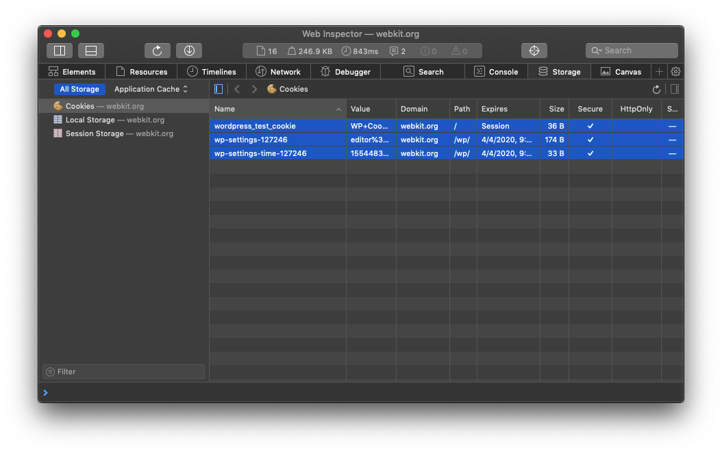 Web Inspector Storage Tab Cookies Table with multiple selections in dark mode