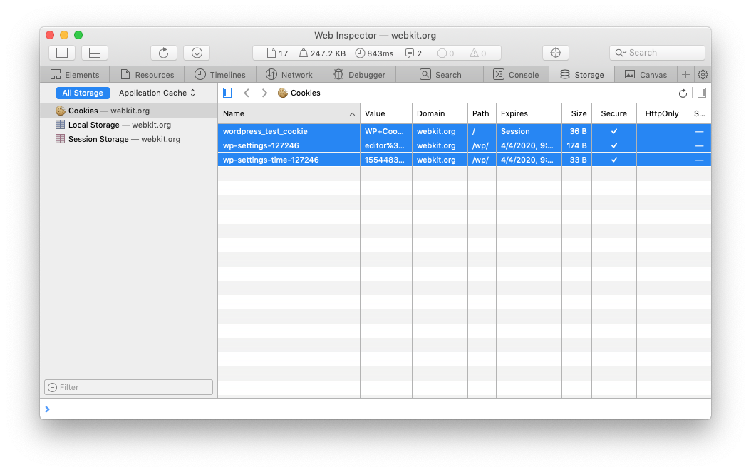 Web Inspector Storage Tab Cookies Table with multiple selections in light mode