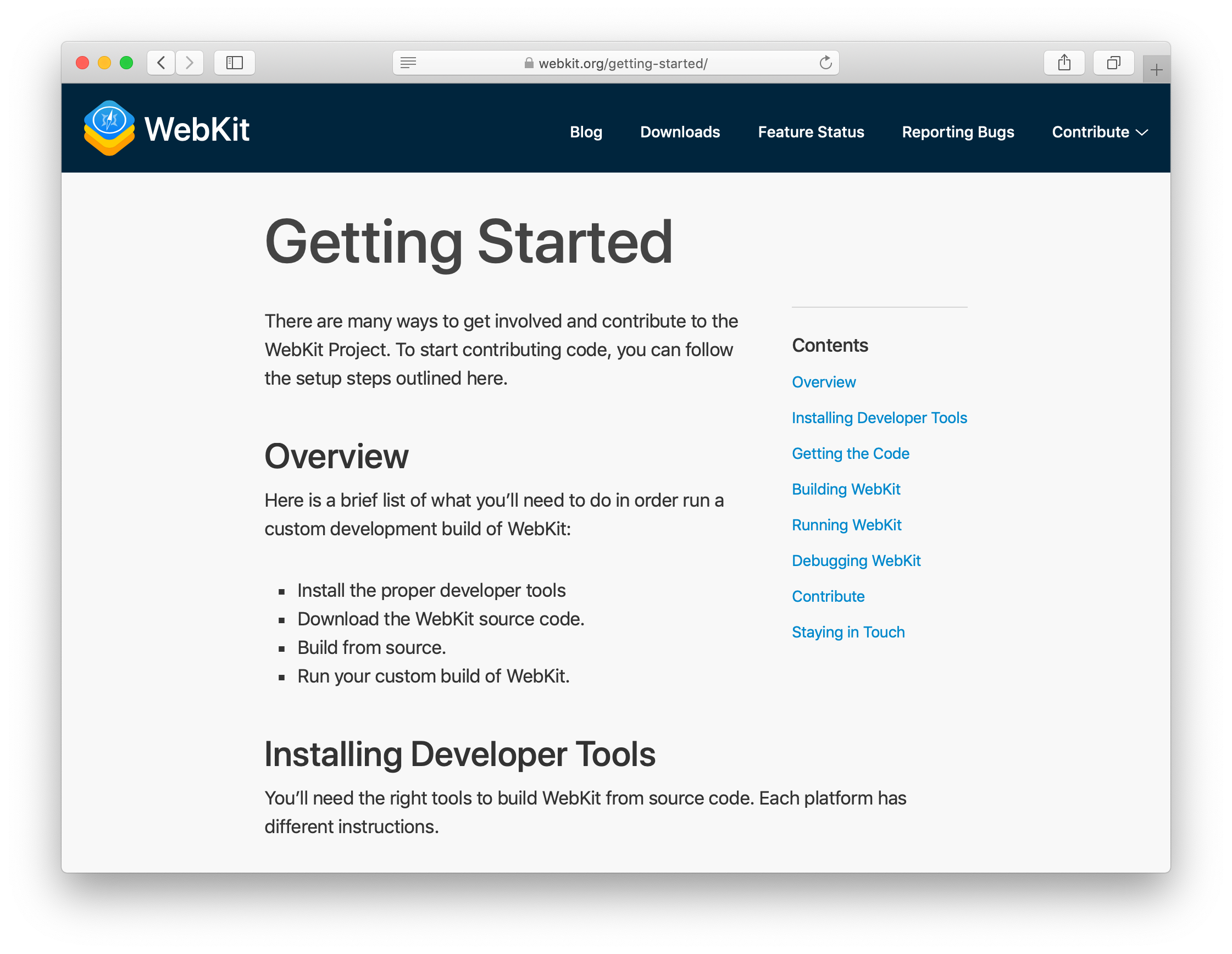 WebKit.org Getting Started page shown in light mode