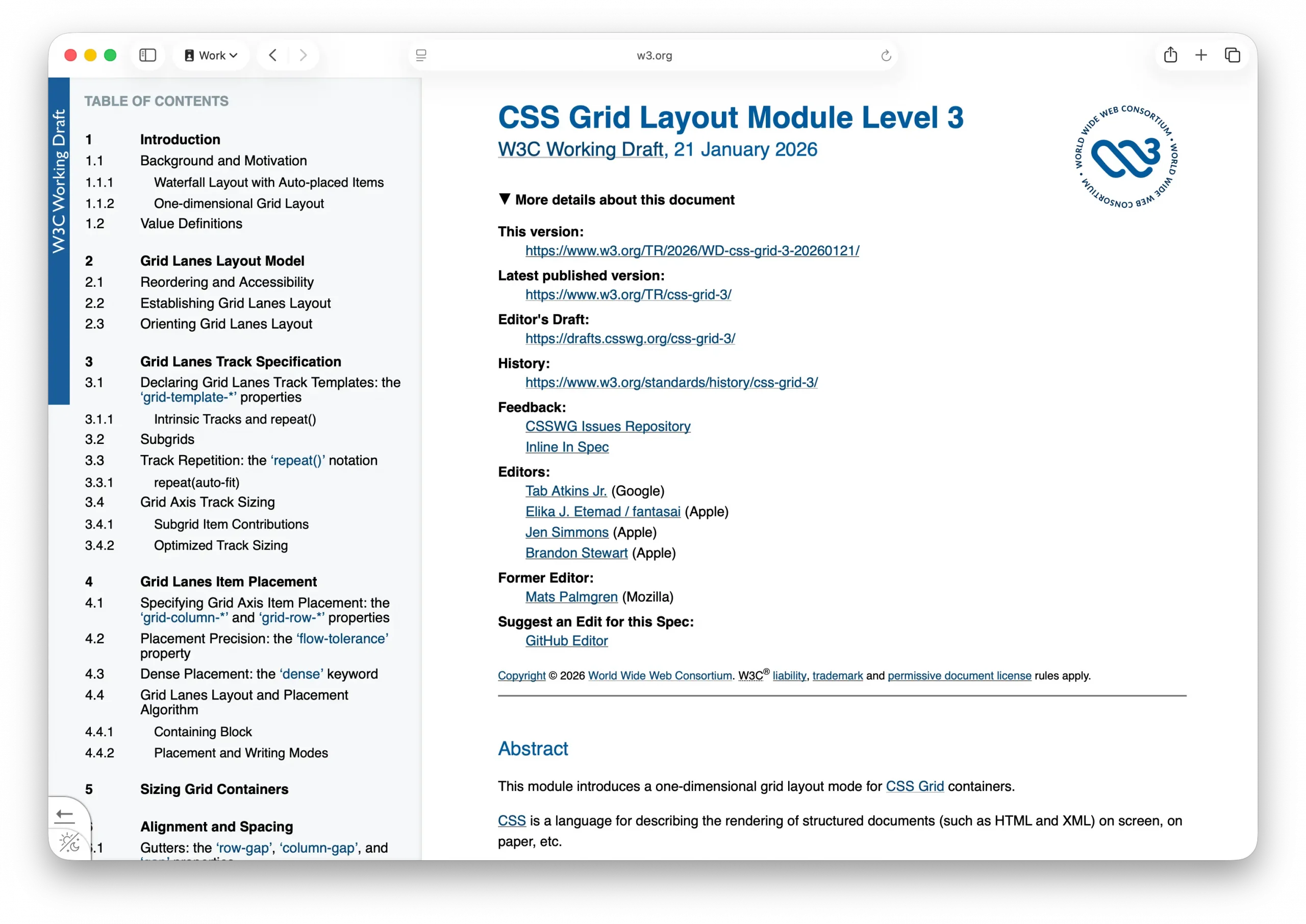 Screenshot of webpage for CSS Grid Layout Module level 3 specification.