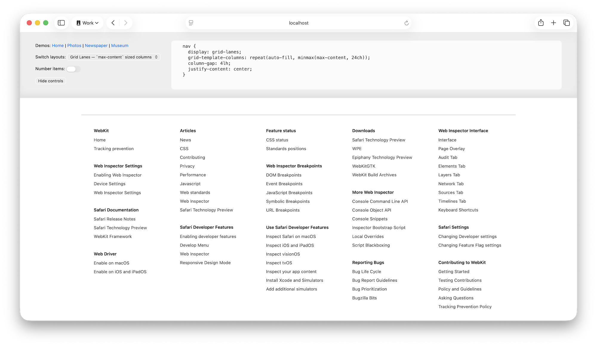 A layout of 15 groups of links. Each has between two and nine links in the group — so they are all very different heights from each other. The layout has five columns of these groups, where each group just comes right after the group above it. Without any regard for rows.  