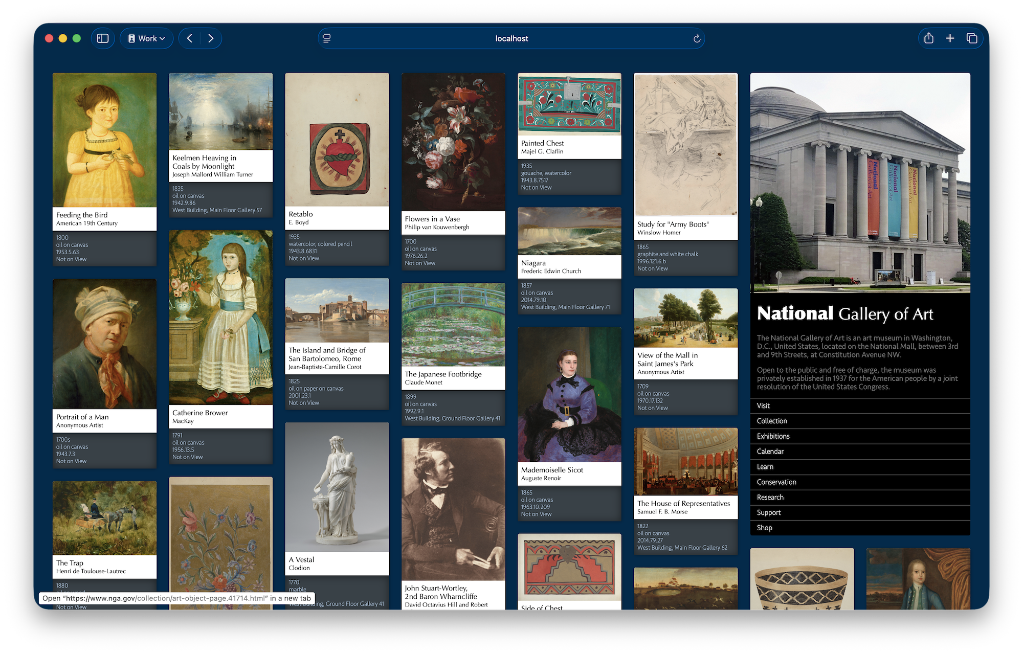A layout of paintings — each has a bit of text below the painting: title, etc. The paintings are laid out in 8 columns. Over on the right, spanning across two columns is the header of the website. 