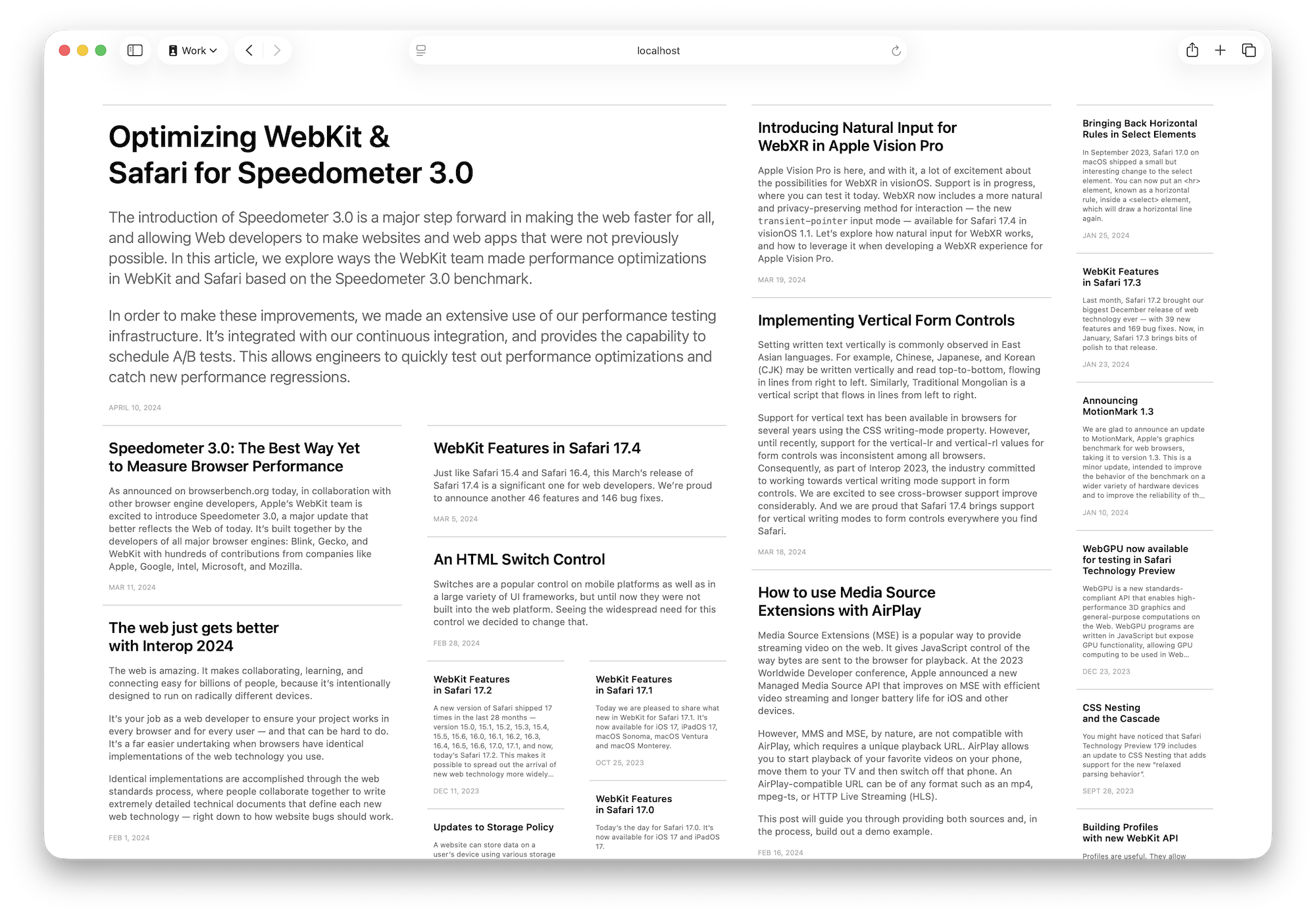 A complex layout of titles with teaser text for over two dozen articles — telling people what they'll experience if they open the article. The first teaser has a very large headline with text, and spans four columns. Five more teasers are medium-sized, bowl and next to the hero. The rest of the space available is filled in with small teasers. None of the teasers have the same amount of content as the rest. The heights of each box are random, and the layout tucks each box up against the one above it.