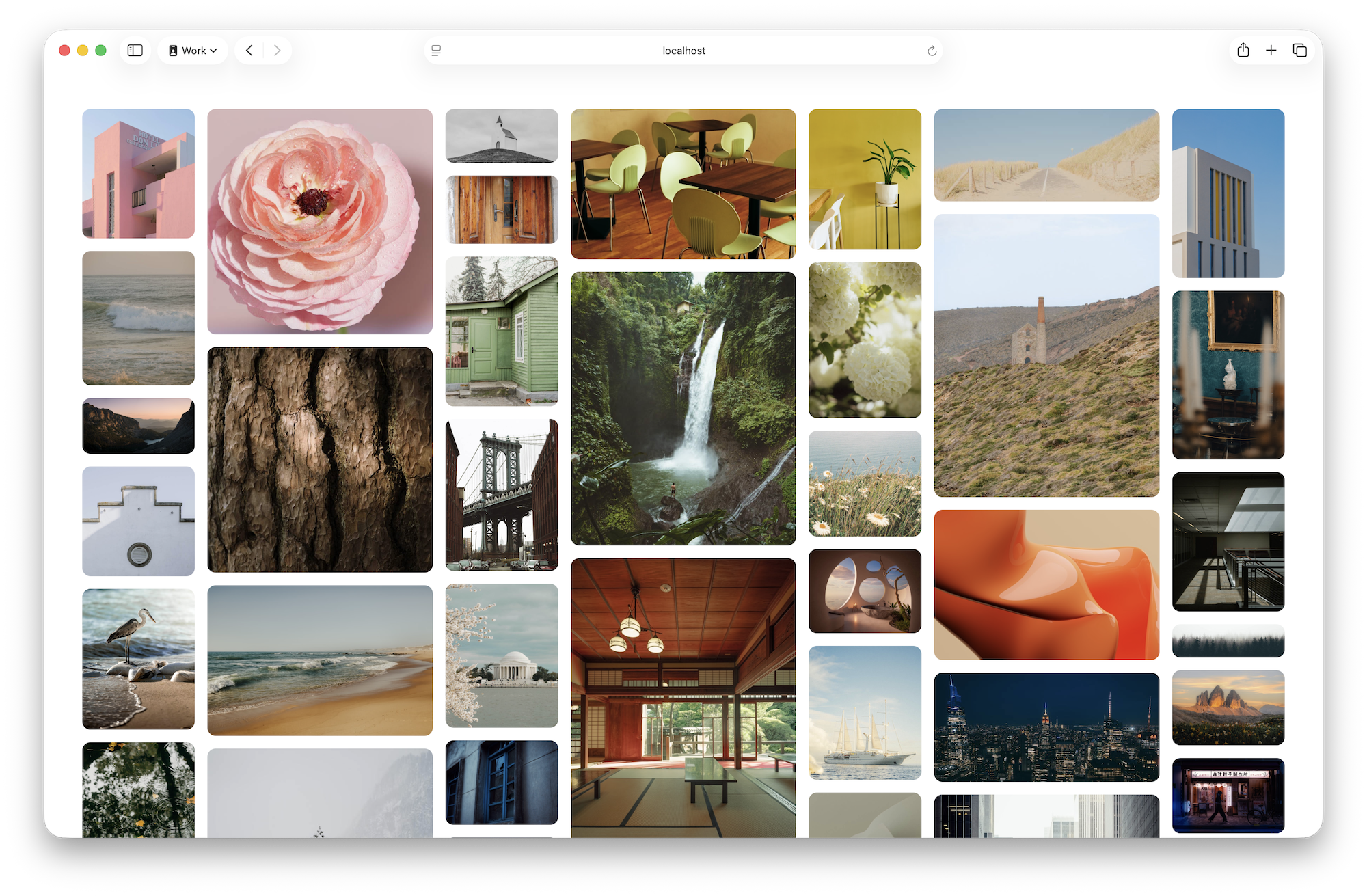 Demo layout of photos, where the 1st, 3rd, 5th, and 7th column are narrow, while the 2nd, 4th and 6th columns are twice as wide. 