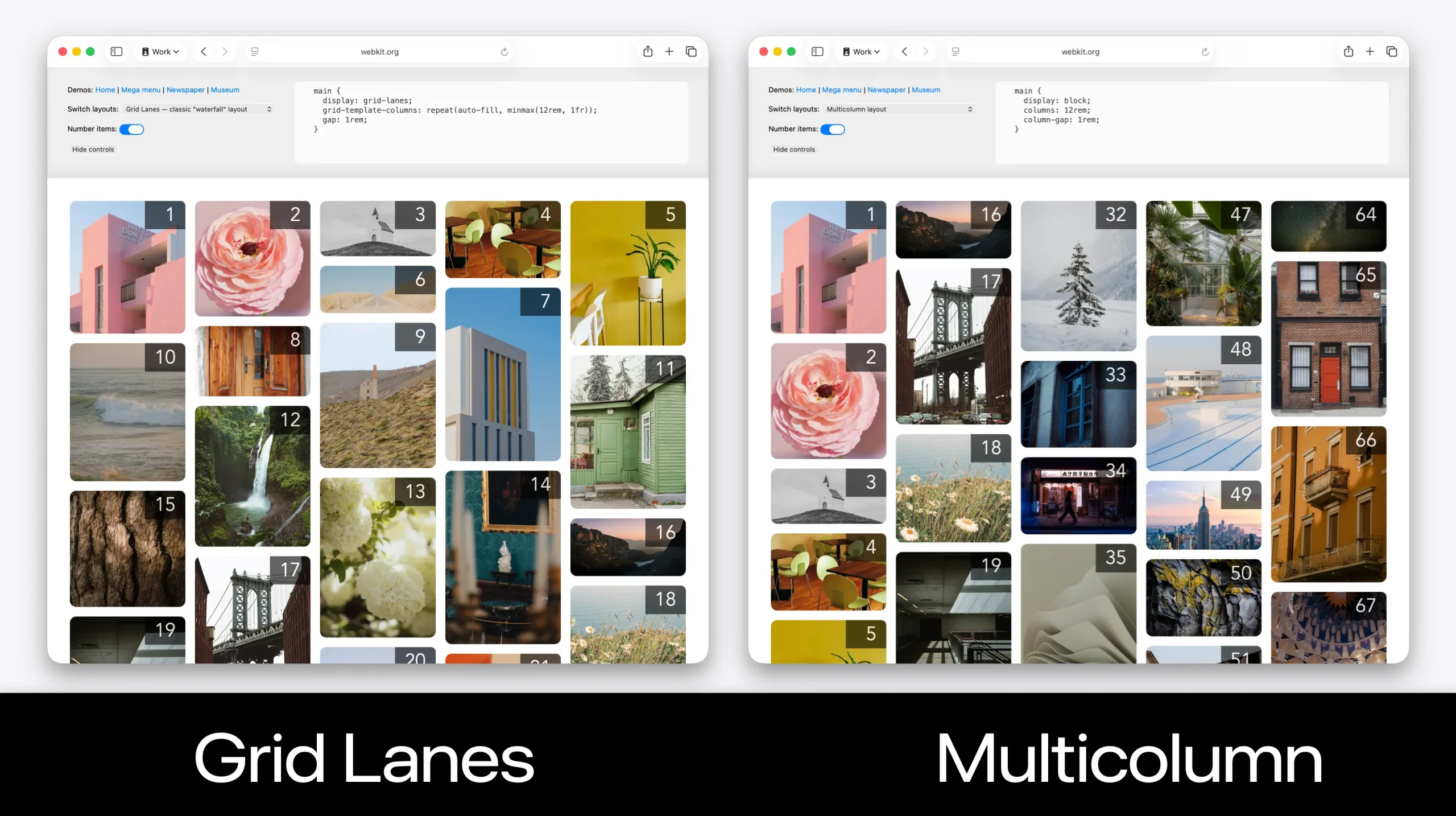 graphic comparing Grid Lanes layout vs Multicolumn. Two browser windows side by side. The layouts are basically the same visually, but Grid Lanes flows the content across the page, keeping 20 items above the bottom edge of the viewport. Multicolumn pours the items 1 to 5 down the first column, then starts the next column with the 16th item, showing 16-19... etc. Where is item 6-15? Not on screen.