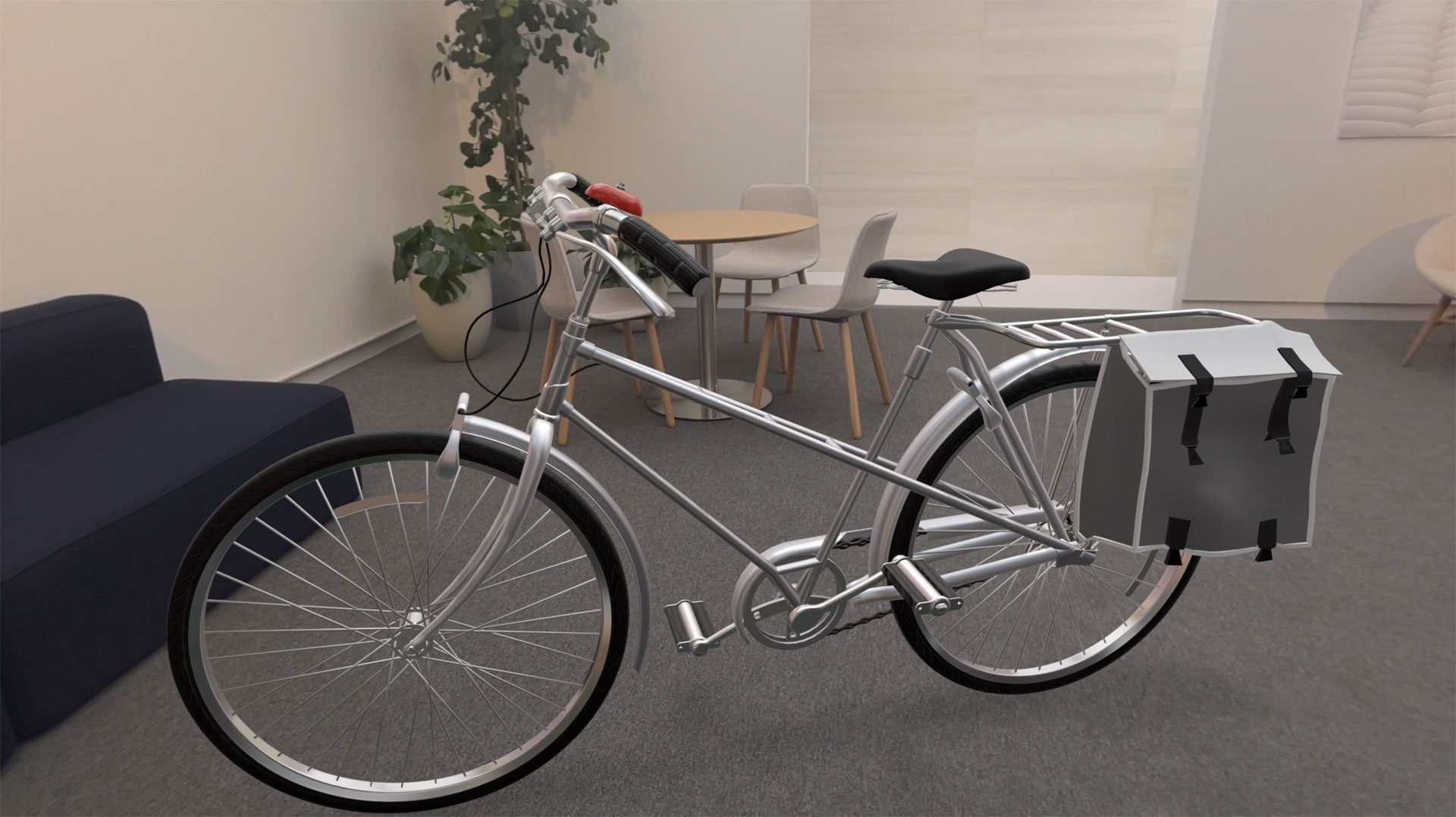 Screenshot of an experience in Apple Vision Pro, looking at a full-sized, rendered 3D bicycle sitting in the middle of a real office.