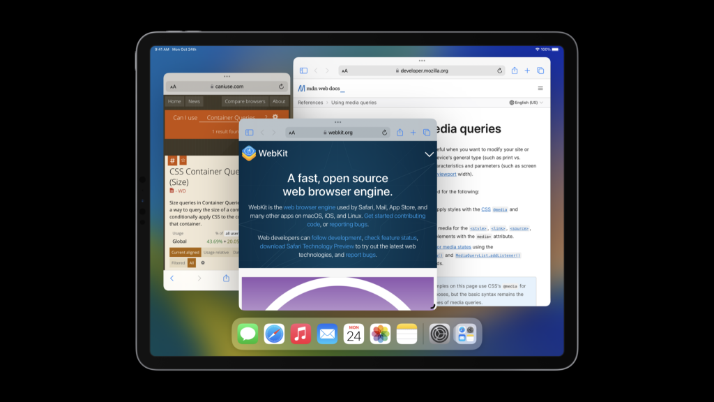 Three Safari browser windows, layered over one another, floating in space. One tall and very narrow. One medium and square. One bigger and wide.