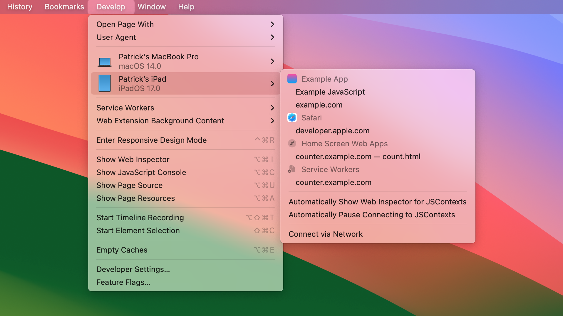 the new Safari 17 Develop menu, with far fewer items, showing icons for iPhone and iPad