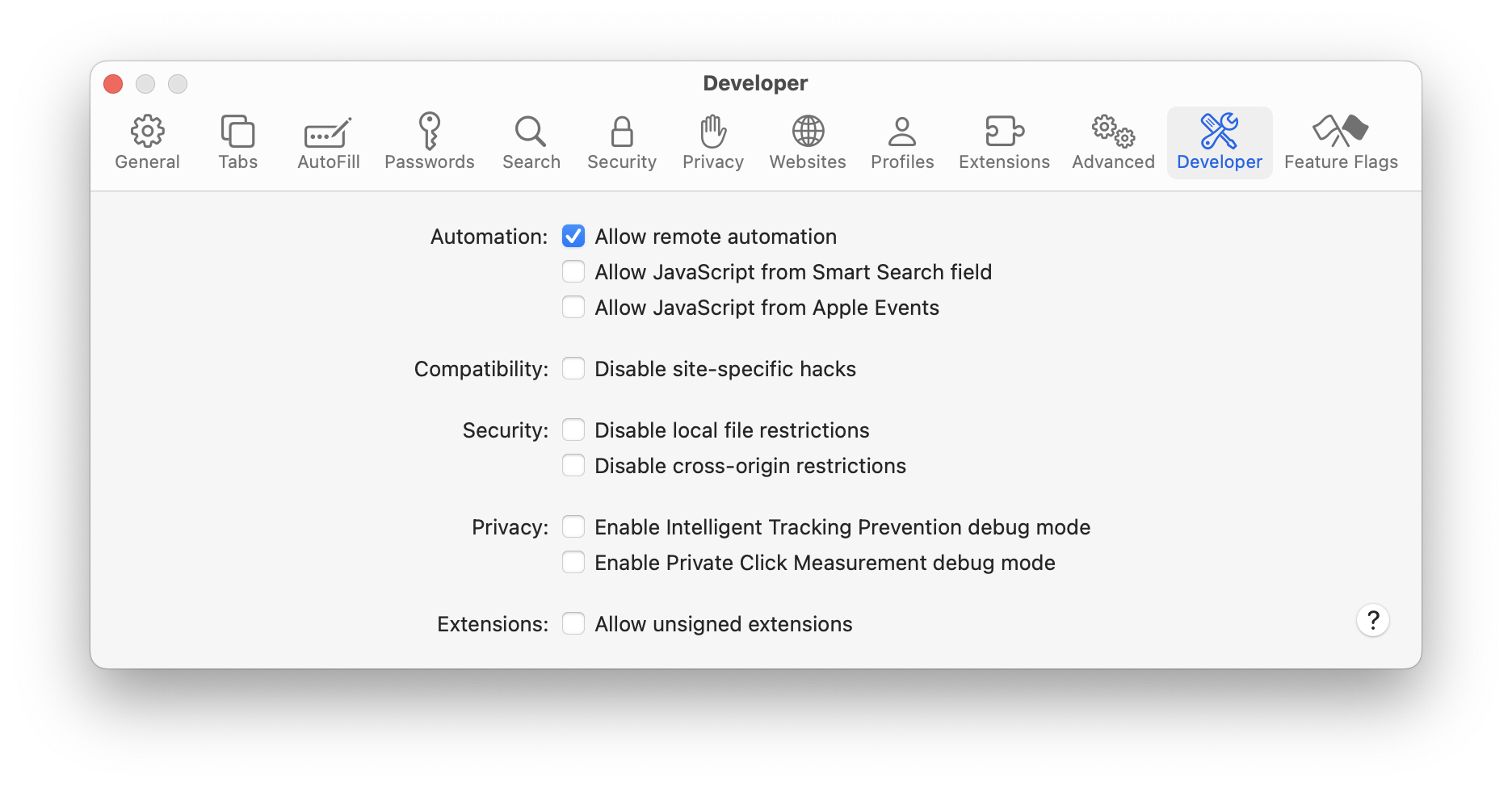 developer settings in safari