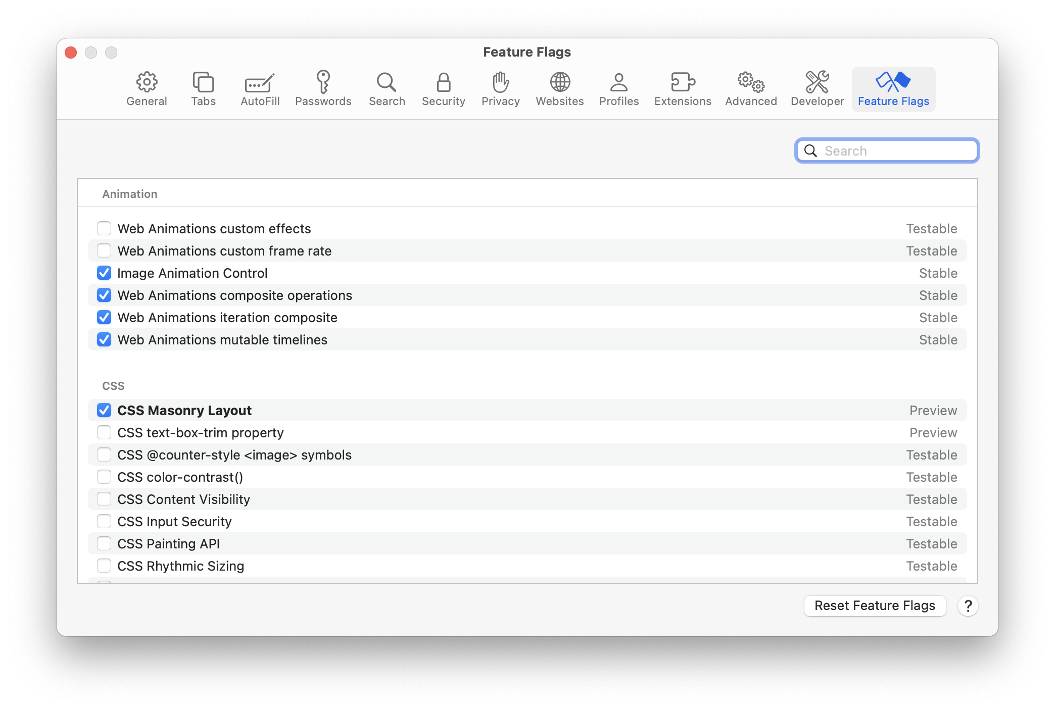 the Safari feature flag settings window with a list of technologies, some on, others off.