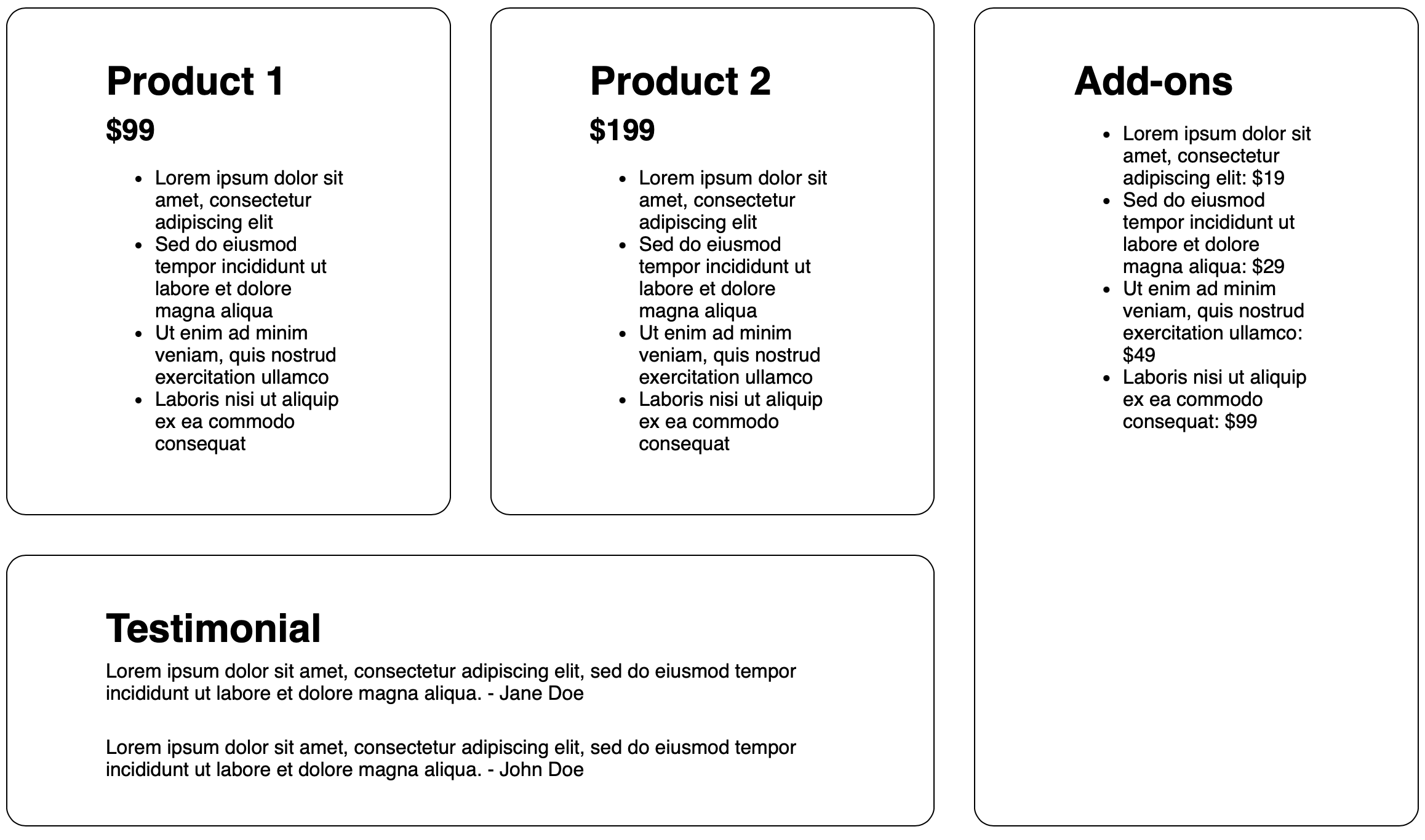 Final layout of site with two products, add-ons on the right spanning two rows and testimonial at the bottom spanning two columns.