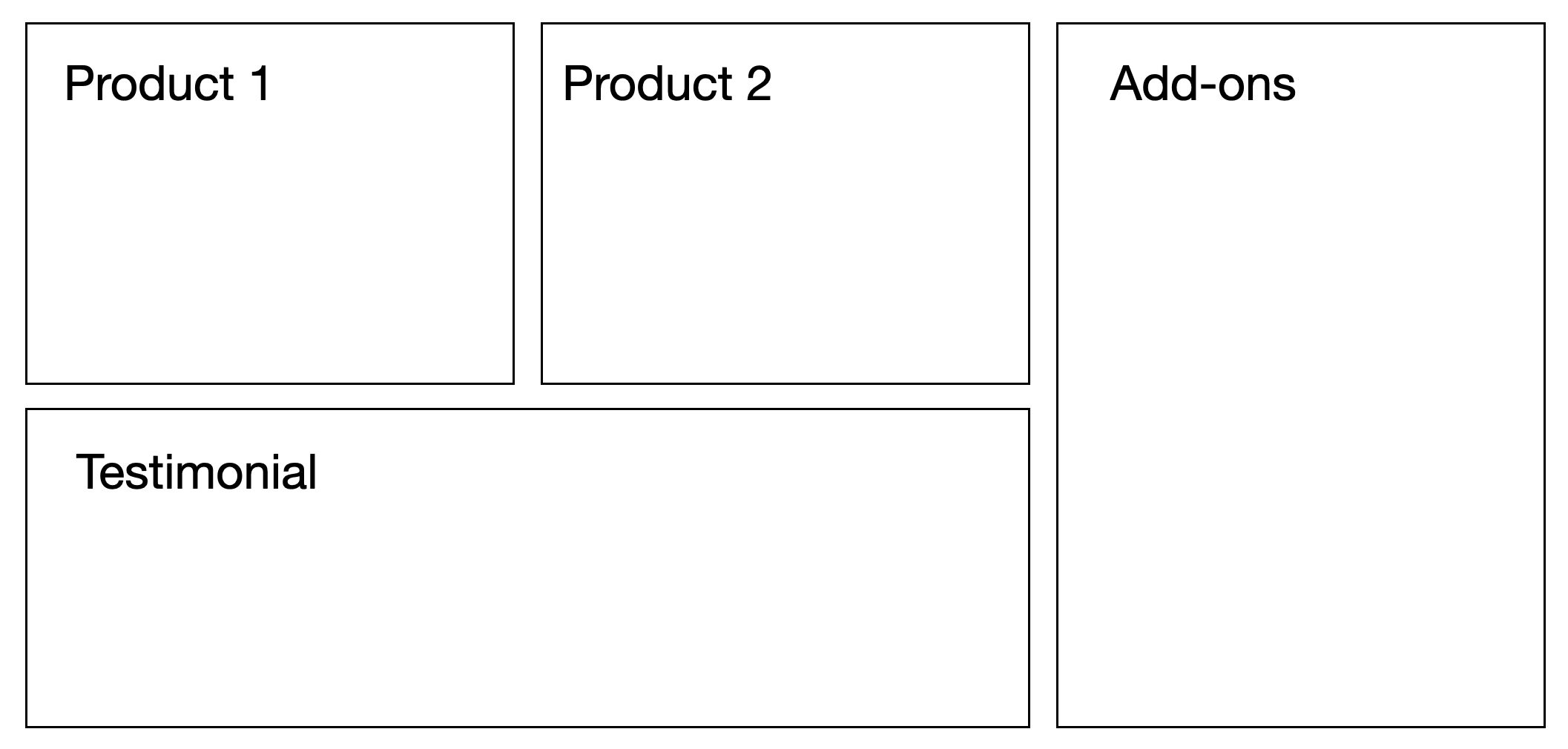 Black and white mockup of two products, add-ons on the right spanning two rows, and testimonial spanning two columns.