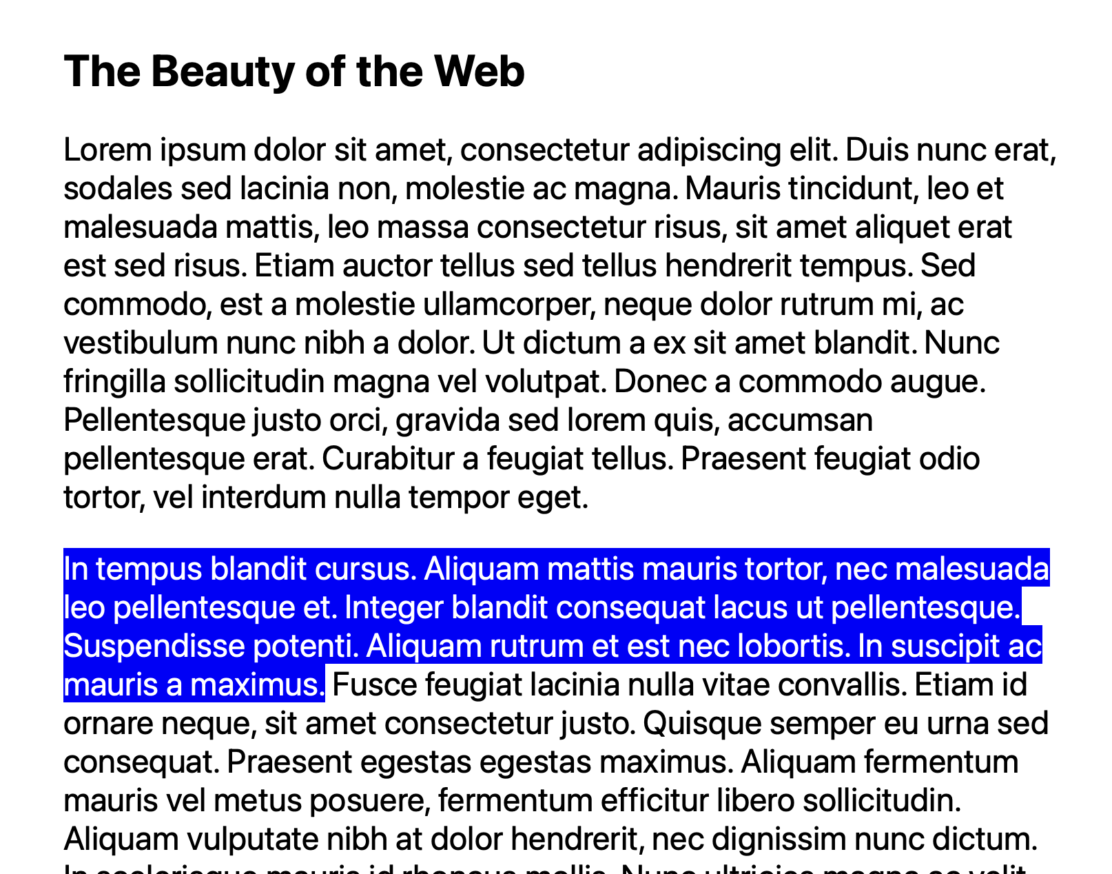 Lorem ipsum blog post with white text on blue highlight for text fragment.