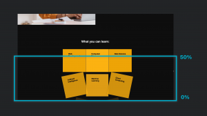 Cards on a webpage, scrolled into the viewport, completing their animation (turning to land flat), as they reach 50%.