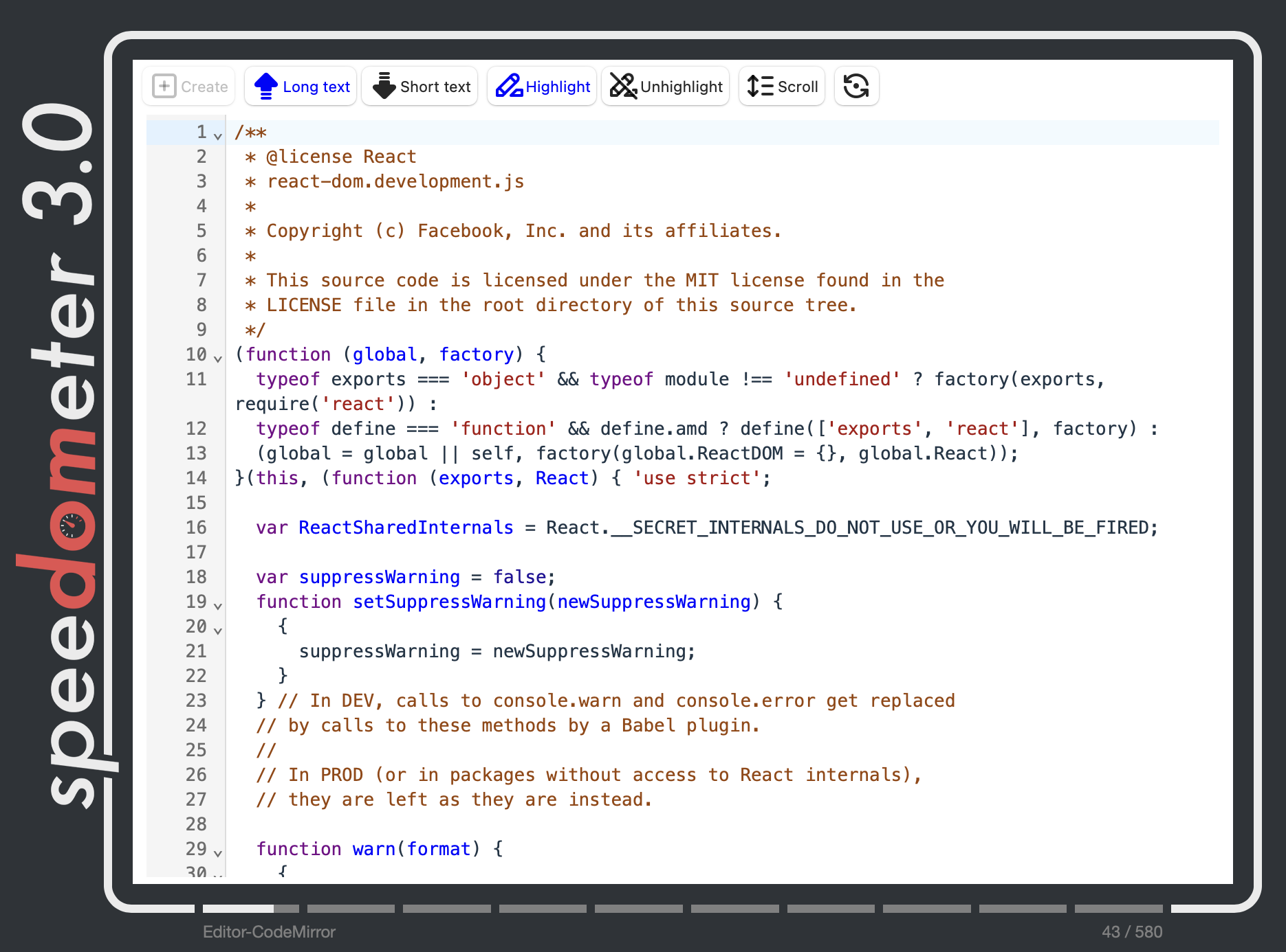 CodeMirror 工作负载，例如，加载 React 的代码库并启用语法高亮。