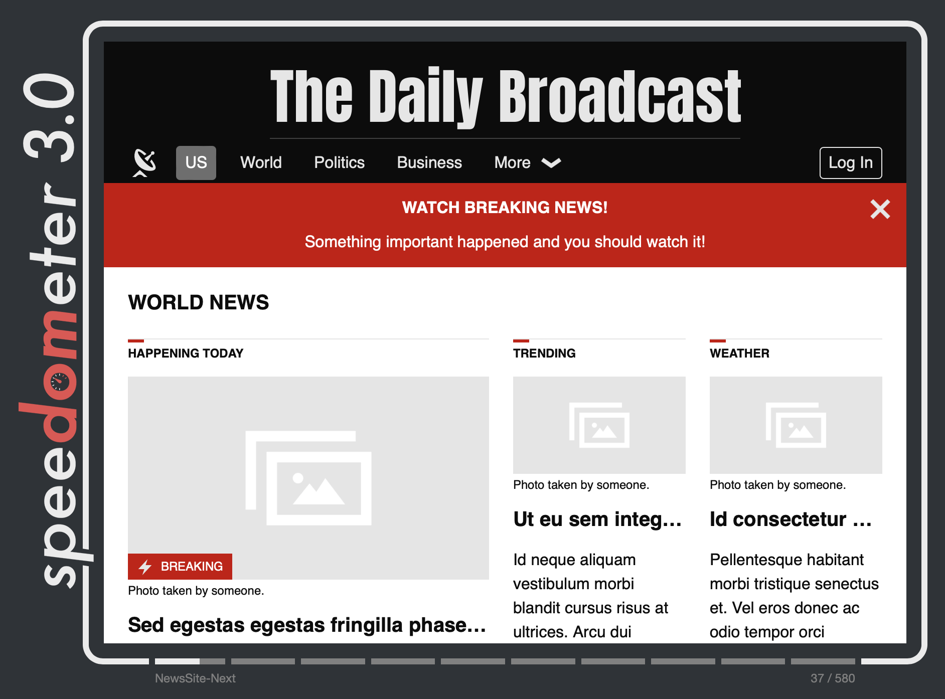 News sites workload mimics a popular news site with navigation menu, hero images, headlines, and a summary of articles.