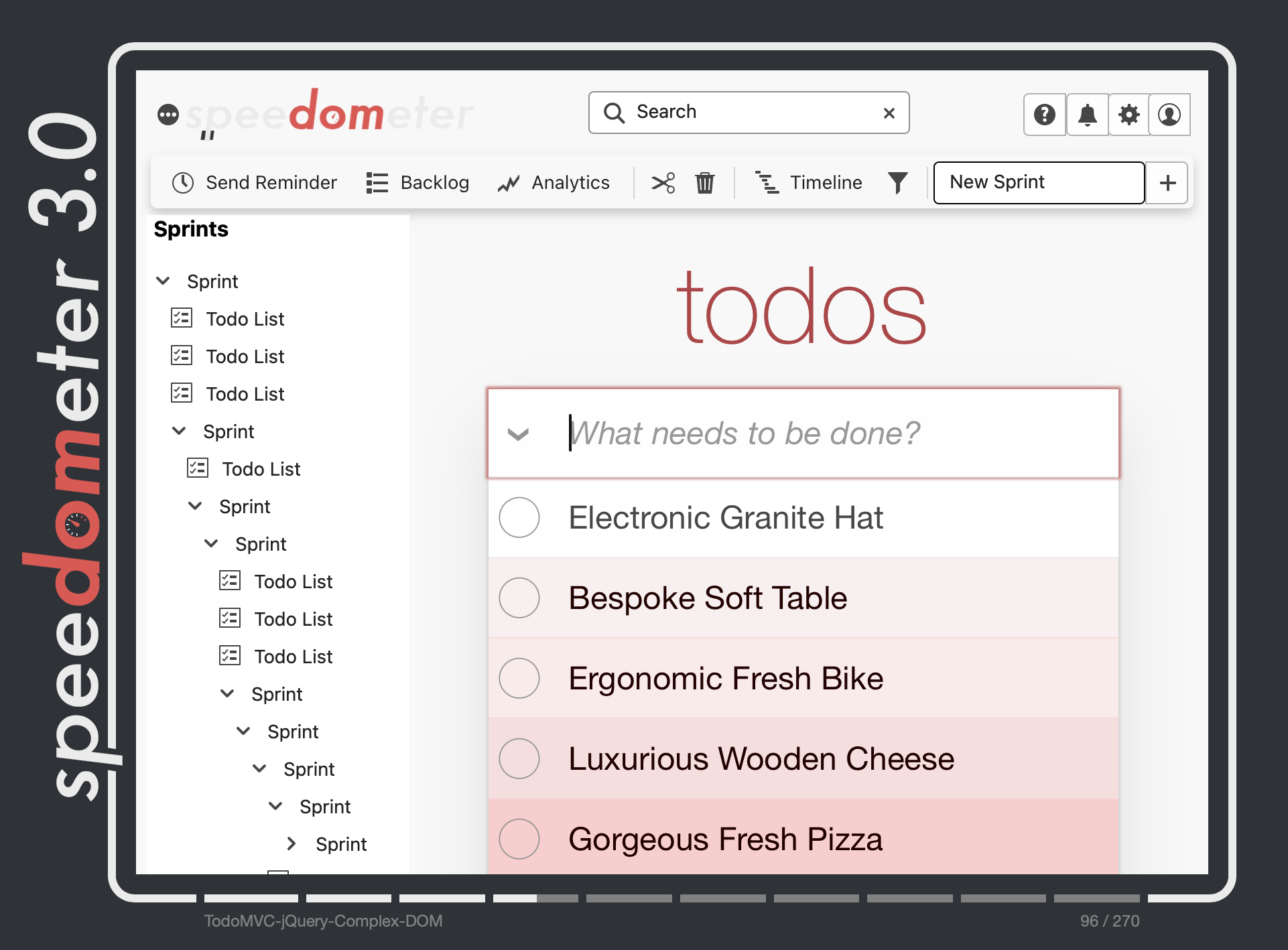 Complex DOM workloads has ribbon menus, side bar tree view, search field, and other complex UI elements surrounding the todo app.