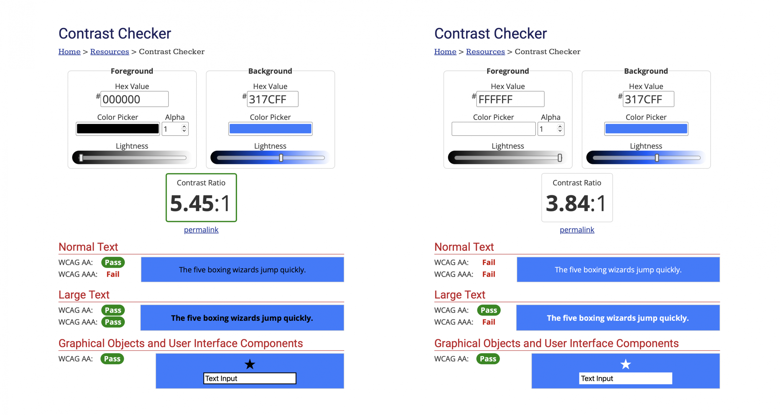 Screenshots of the WCAG 2 color contrast checker, showing results of white on blue and black on blue. Black passes. White fails. But black is hard to read while white is easy to read.