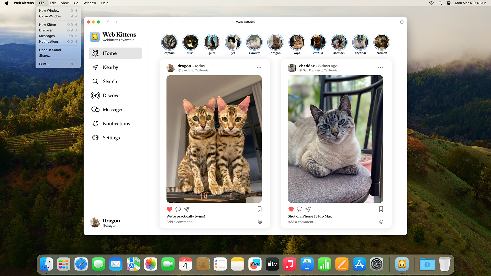 Web Kittens web app open on macOS, with the File menu showing and four custom shortcuts listed