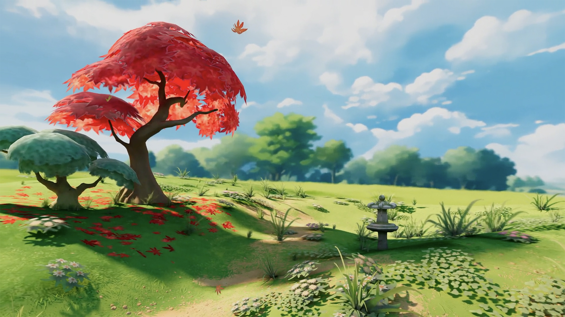 A beautiful garden rendered in created graphics. There's a tree with bright red leaves. A blue sky full of puffy white clouds. Bright green grass, with a path leading by plants and garden sculpture. It's a world created in WebXR.