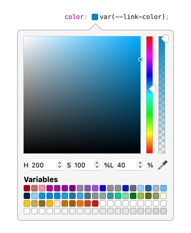 Color picker showing four rows of boxes at the bottom — each box holding a different color that's been defined in a CSS variable by the web developer.