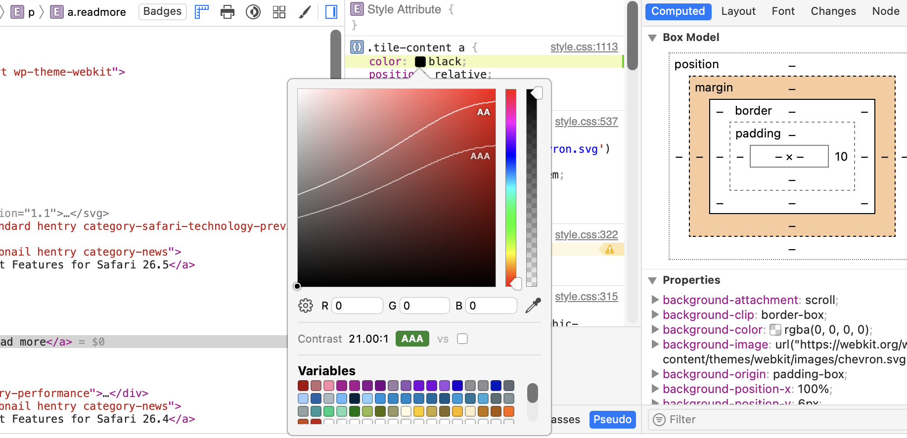 Color picker in Web Inspector showing color contrast information