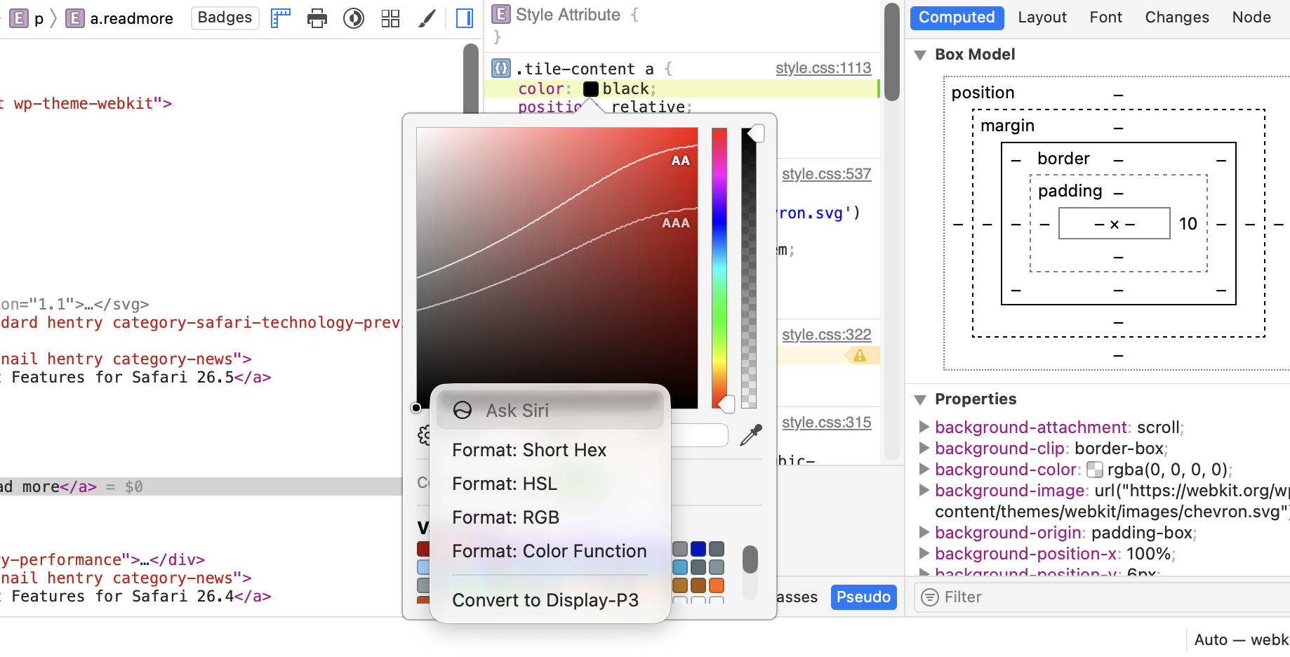 Color picker in Web Inspector showing dropdown of formats.