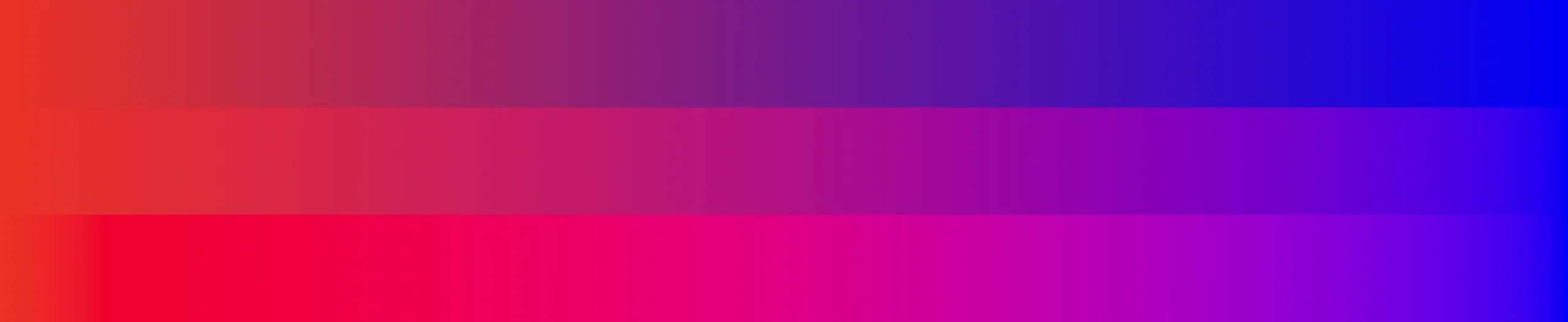 Three stripes of red to purple gradients showing interpolation differences for sRGB, LAB, and LCH color spaces 