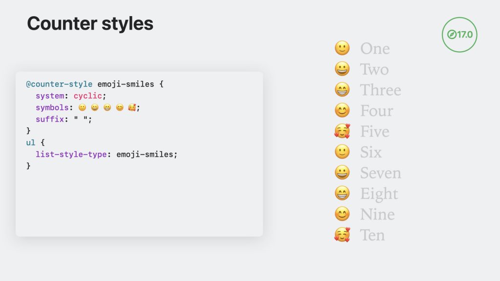a slide from WWDC23 of a Counter Styles example, where the code creates a list with emoji smiley faces as the list markers.