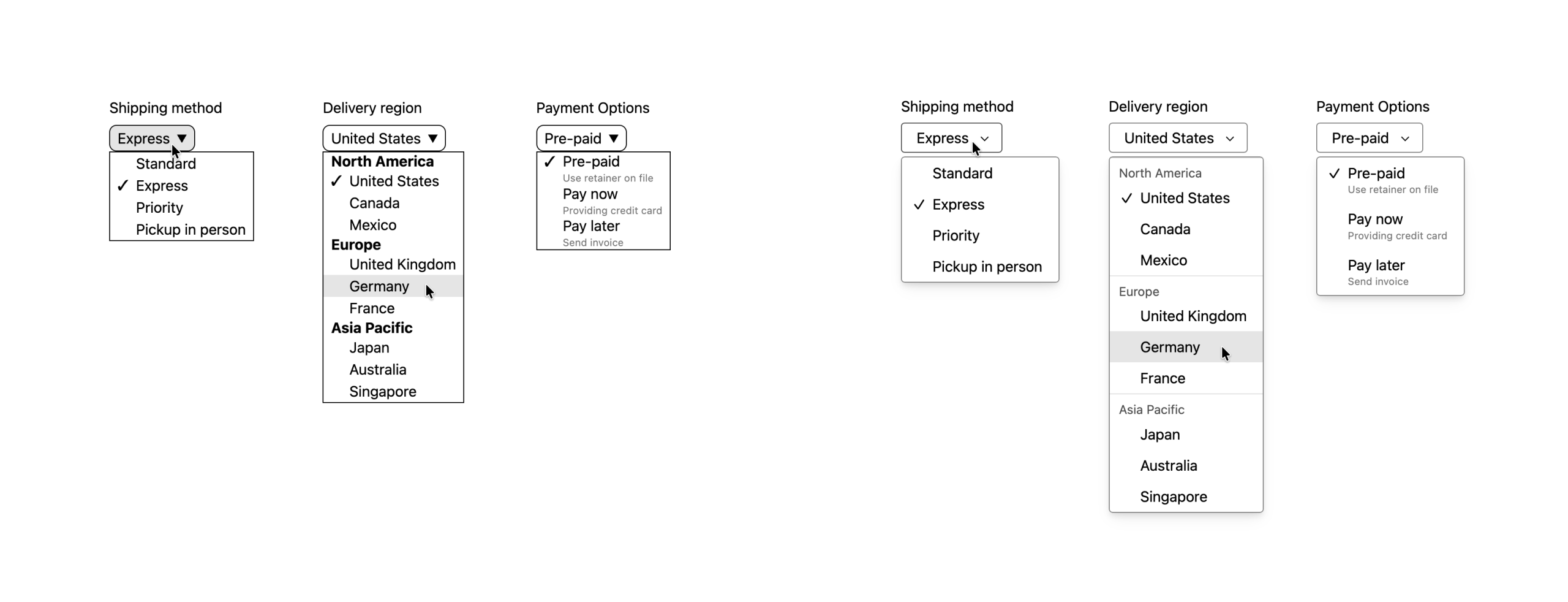 screenshot of six select menus - three before & three after, showing the difference in default styling