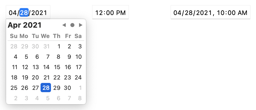 Date picker interface for date input field with time and date-time inputs