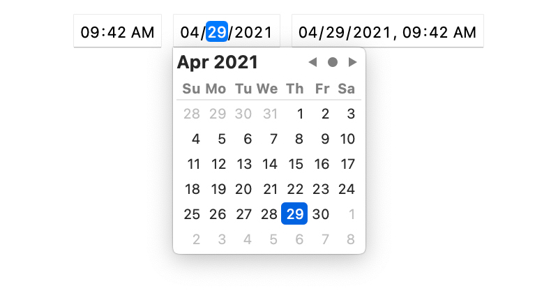 Date picker interface for date input field with time and date-time inputs