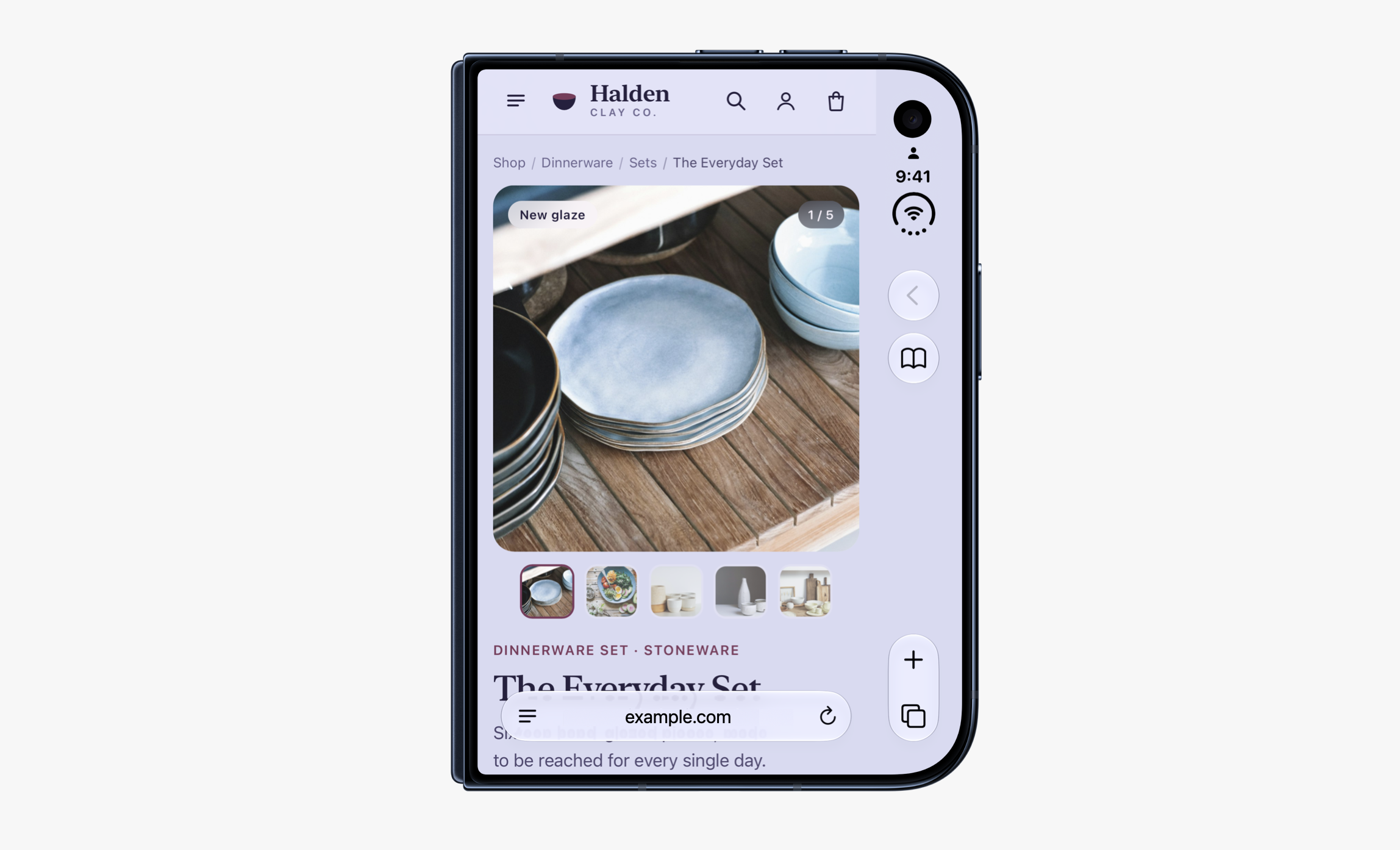An example website on iPhone Duo, the outer (smaller) display in portrait. The webpage fills most of the screen, except for a column on the right. That space holds the controls for Safari and for the phone itself. It fills with the same light purple color of the website.