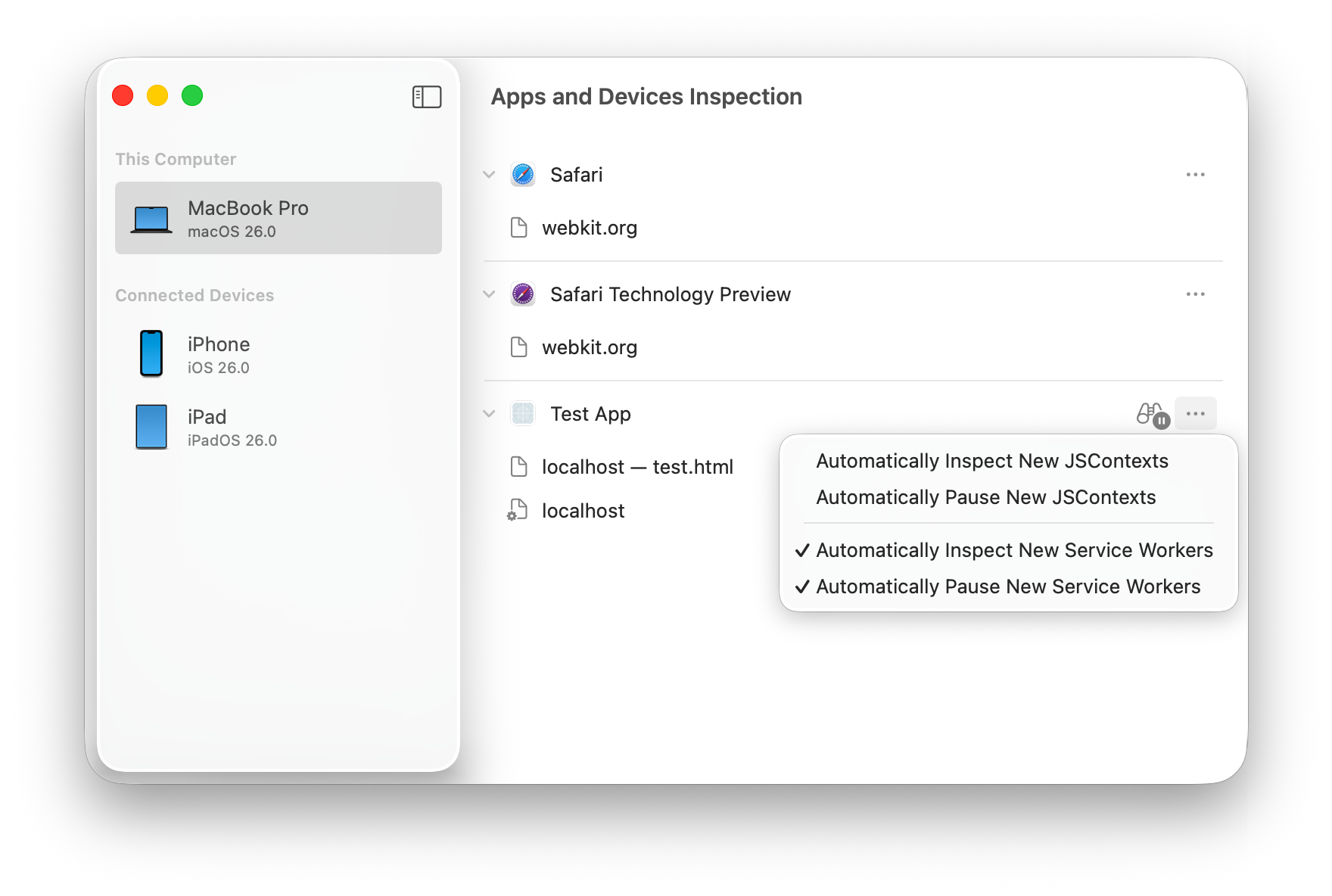 Screenshot of the Apps and Devices Inspection window