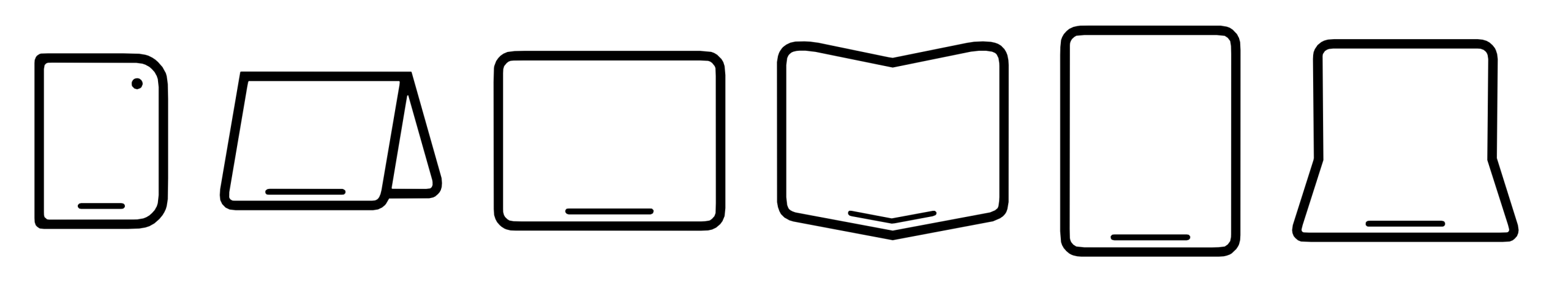 Little drawings of iPhone Duo in different poses. Outer display. Tent pose. Inner display landscape. Book pose. Inner display portrait. Laptop pose. 