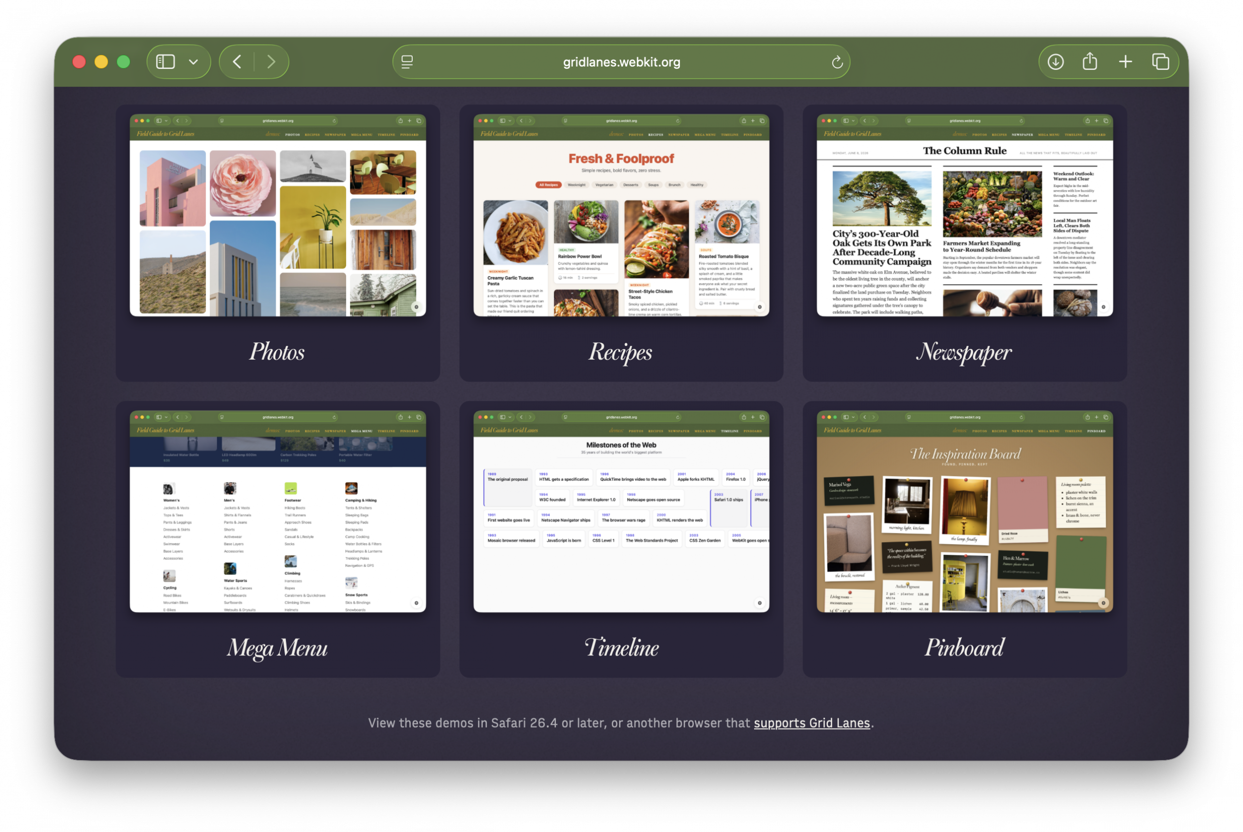 The six demos listed on the homepage — with a screenshot of each.
