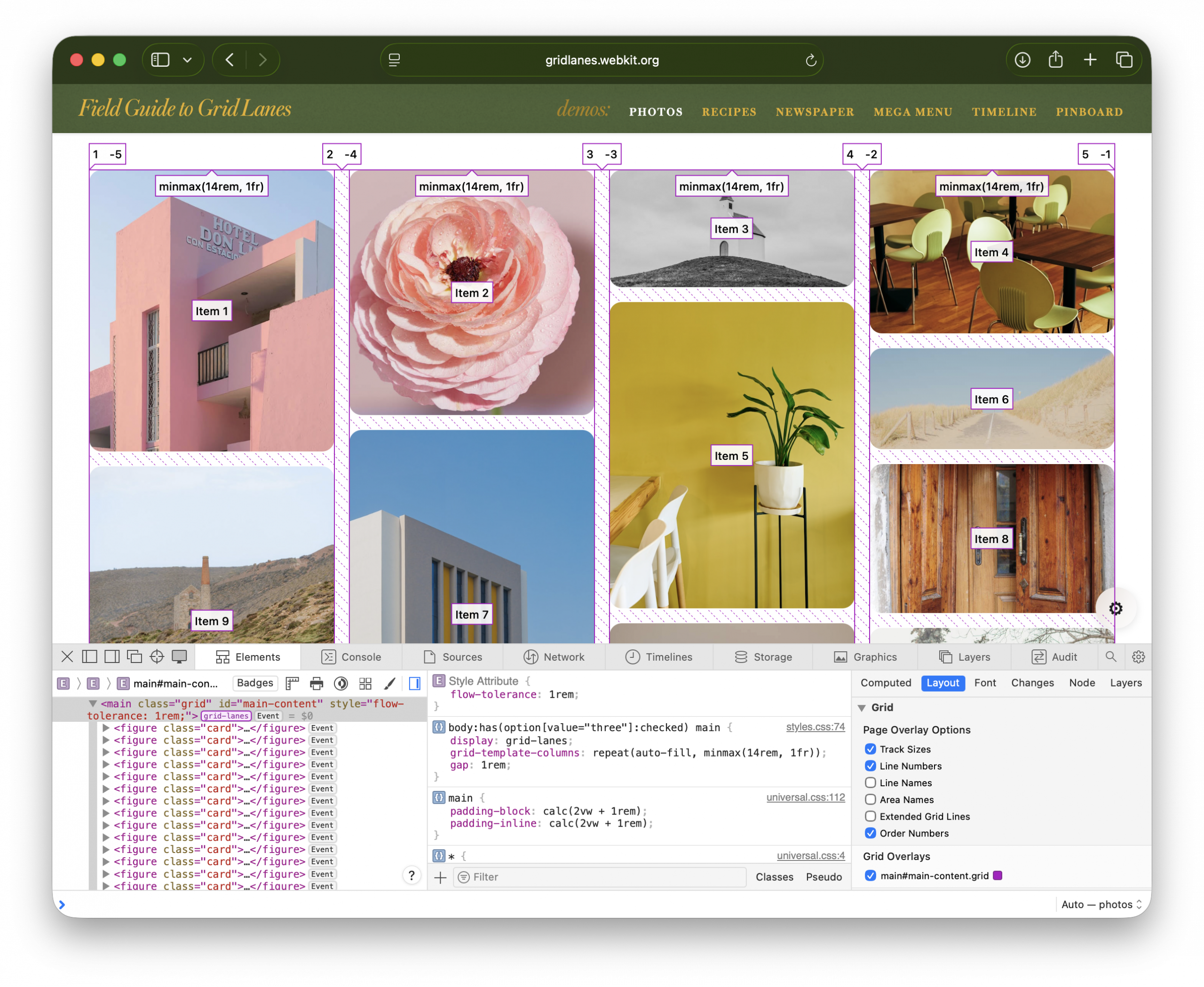 Screenshot of photo demo, with Web Inspector open. The Grid Inspector is showing, with Item numbers are turned on. This creates lines all over the webpage, revealing the Grid Lanes layout, and marking each Item with a number. 