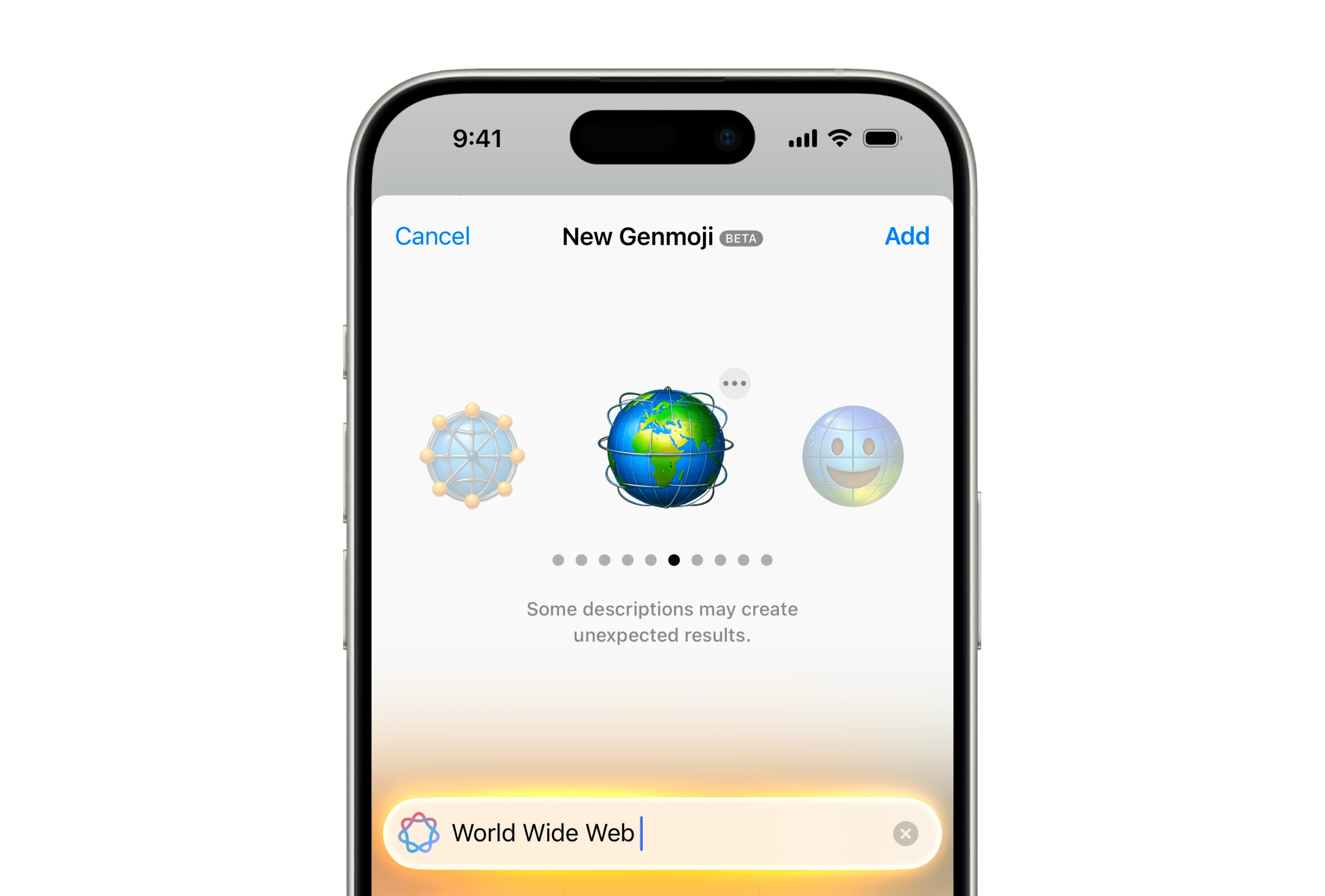 The interface for creating a Genmoji, showing three options for "world wide web" — a globe covered in network connection dots, a globe encircled by wires, and a globe with a giant smile plastered across it's face.