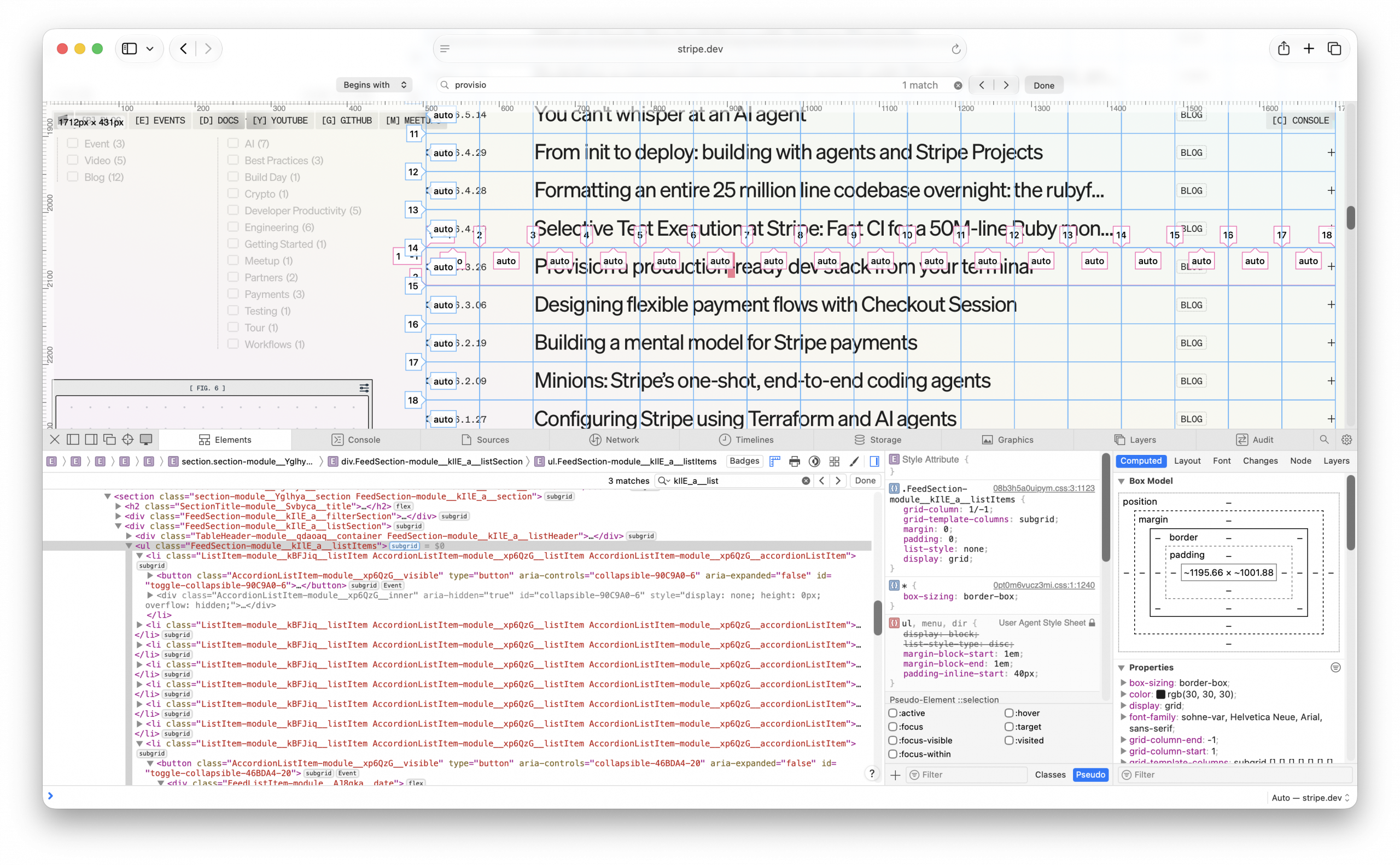 Shows the subgrid lines in Web Inspector on top of Stripe's Dev page.
