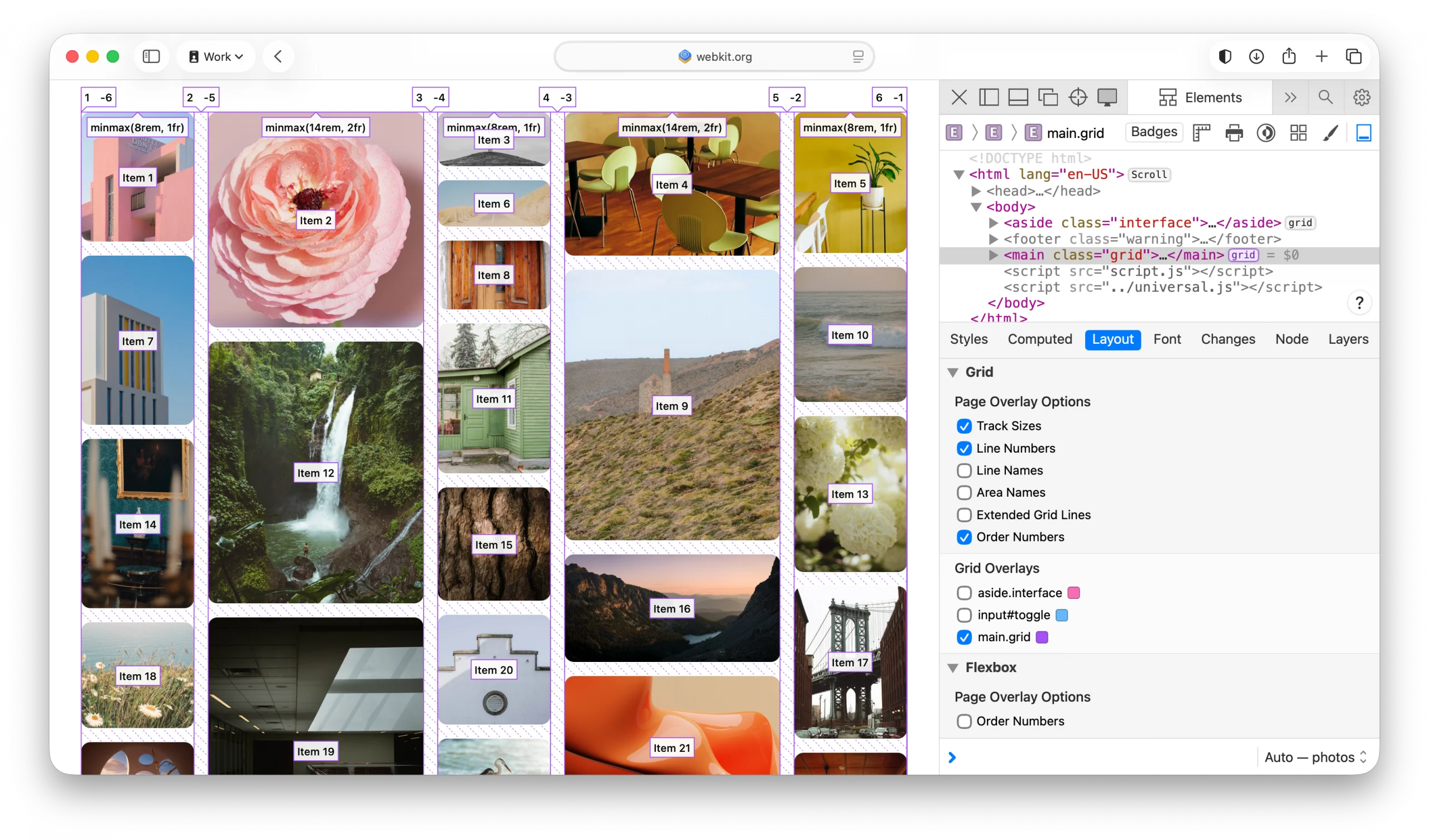 Same example of Grid Lanes layout, a gallery of photos. This time, with the Web Inspector open to the Grid layout tooling, with item numbers marked on the screen.