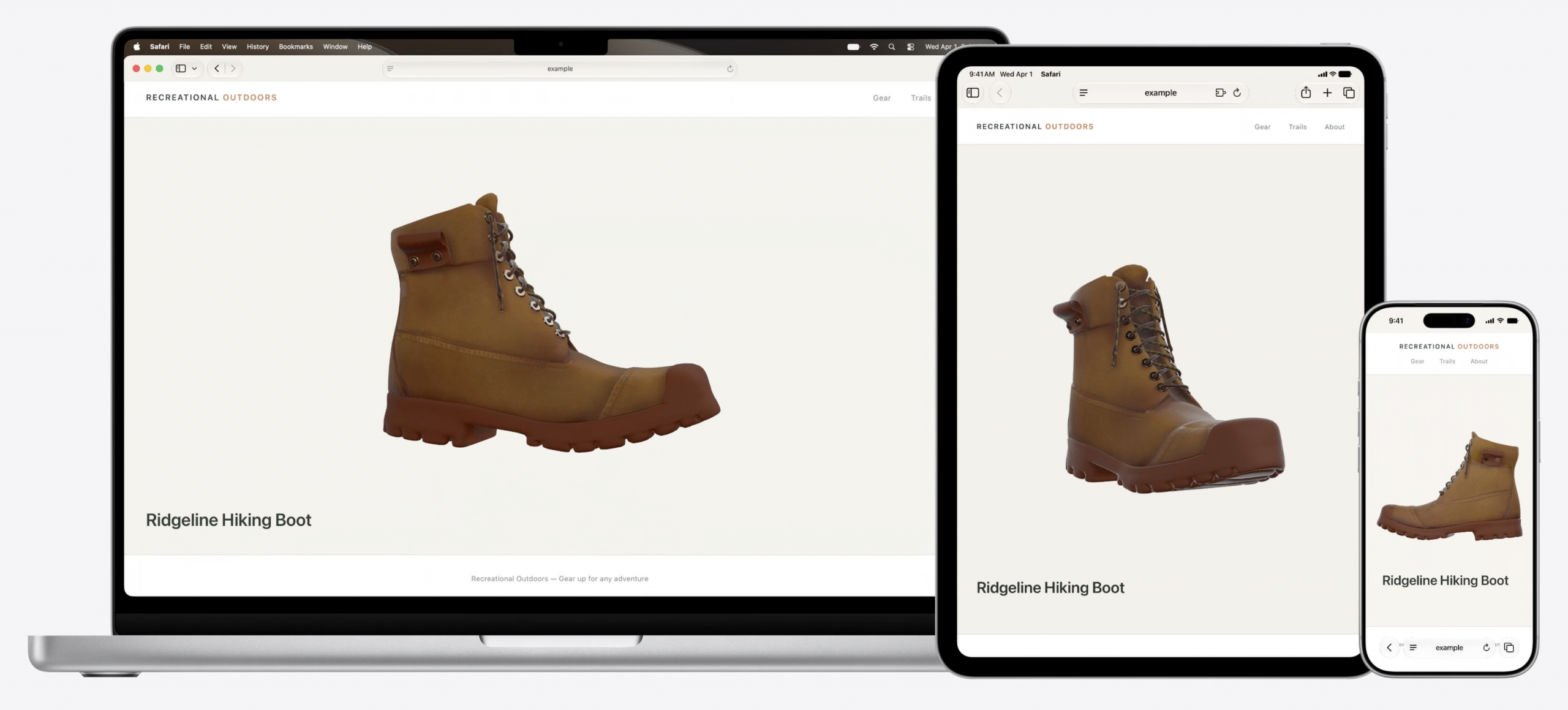 An iPad, desktop, and an iPhone each displaying a browser showing an image of a 3D hiking boot model.