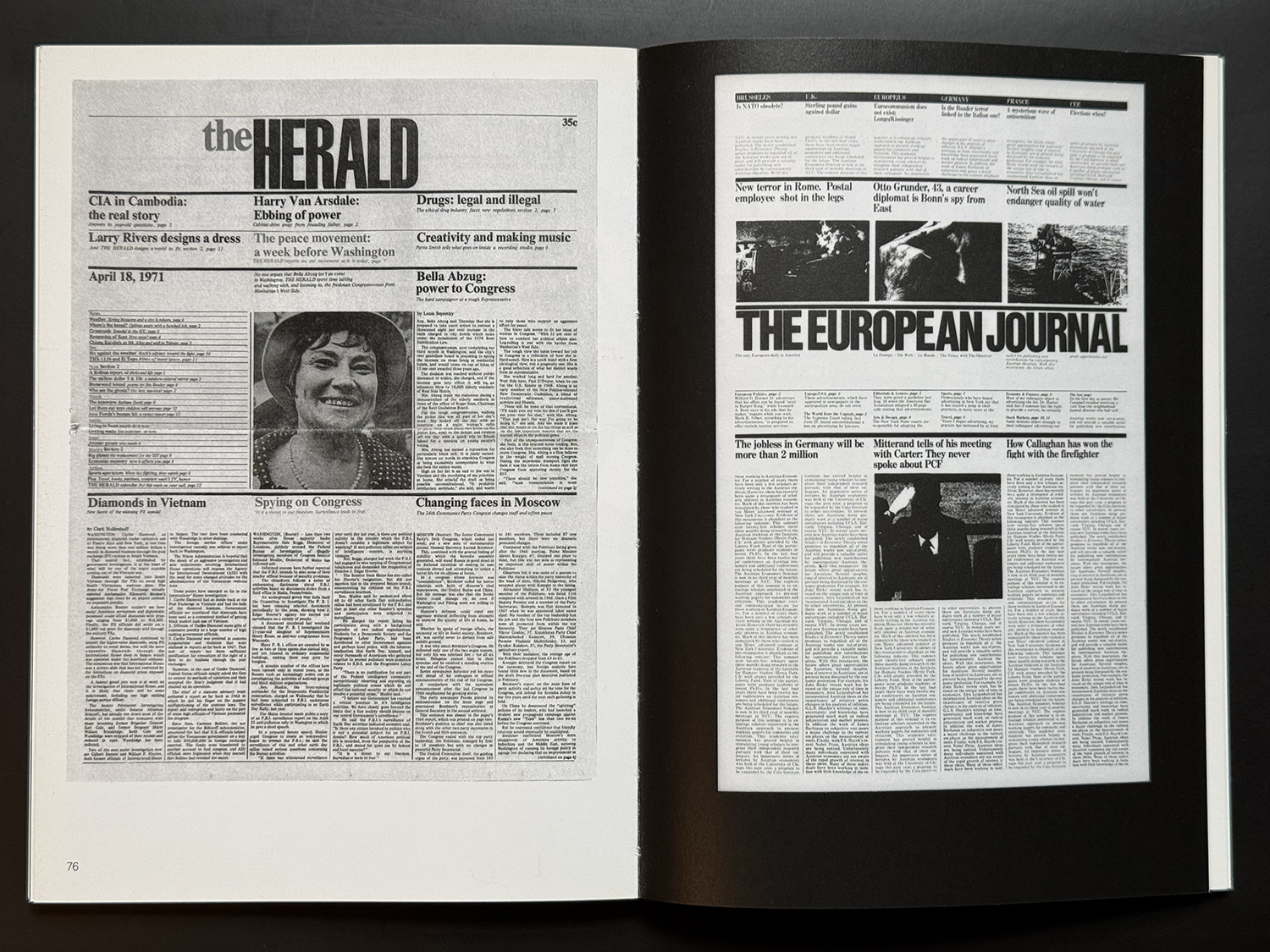spread from a book, showing two different newspaper home pages, where articles line up in a modular grid — in both row and column directions